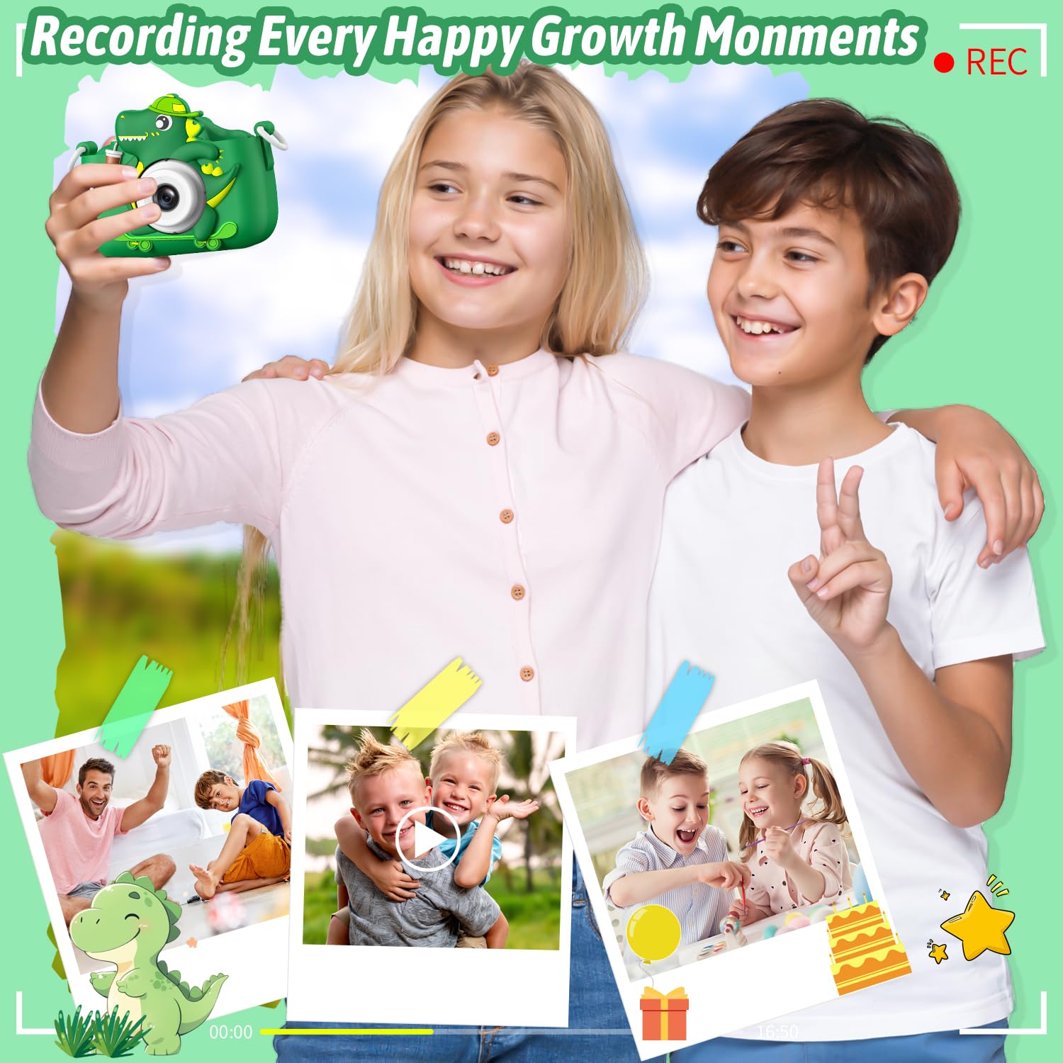 Dwfit Upgrade Selfie Kids Camera, Christmas Birthday Gifts for Boys Girls Age 3-12, HD Kids Digital Video Cameras for Toddler with Cartoon Soft Silicone Cover, Portable Toy for 3 4 5 6 7 8 Years Old