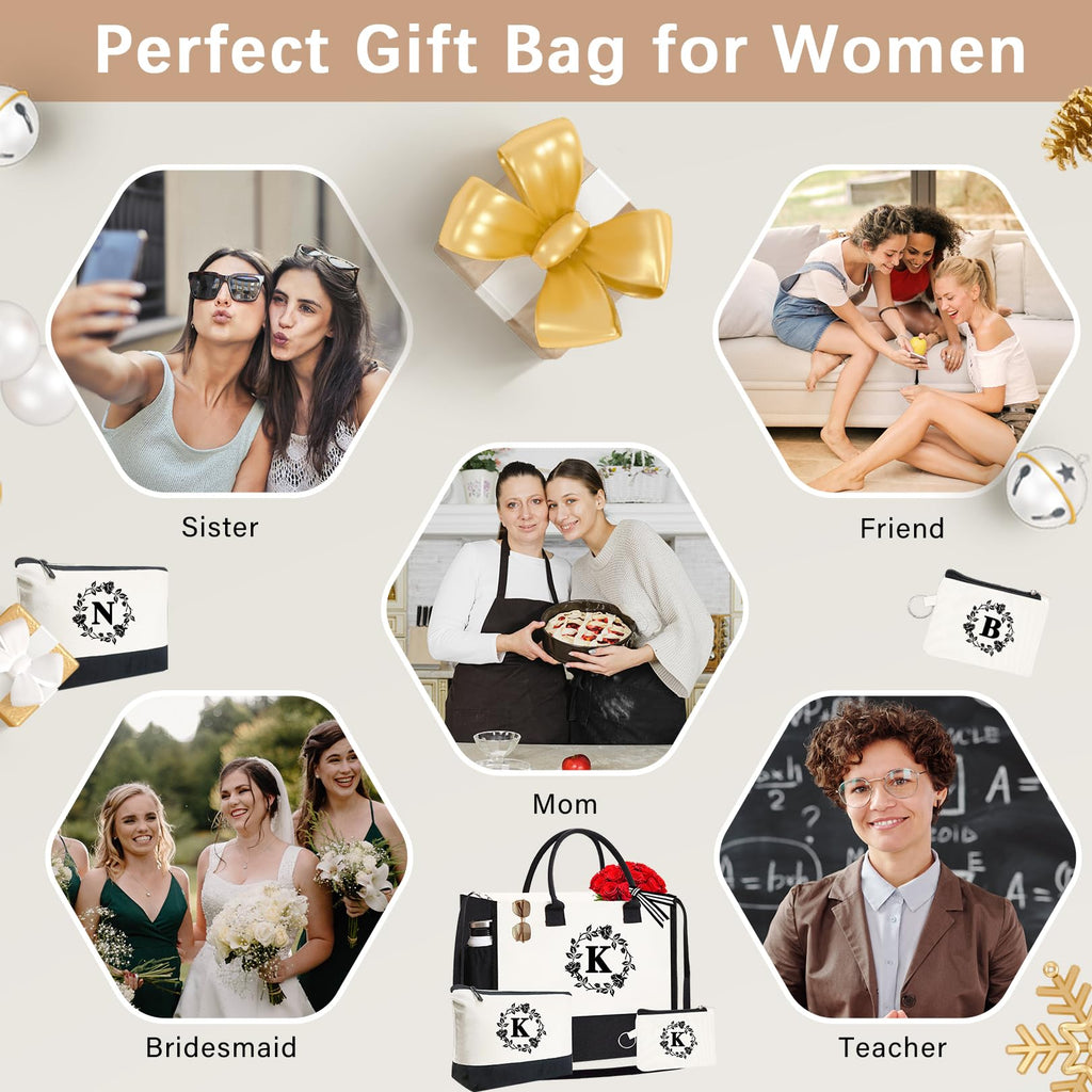 Adoryoung Monogram Personalized Initial Canvas Tote Bags for Women, Double-sided Embroidery Monogrammed Tote Bags Gifts for Women, Canvas Beach Bag (K)