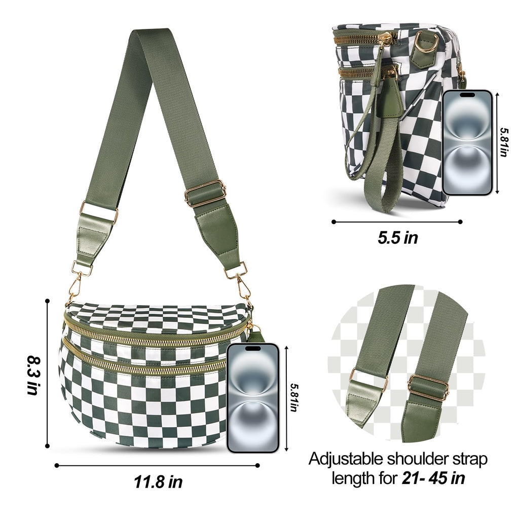 idoltimes Checkered Crossbody Bag,Nylon Bum Bags for Women Crossbody,Spacious Sling Bag Purse Fanny Packs with Shoulder Strap