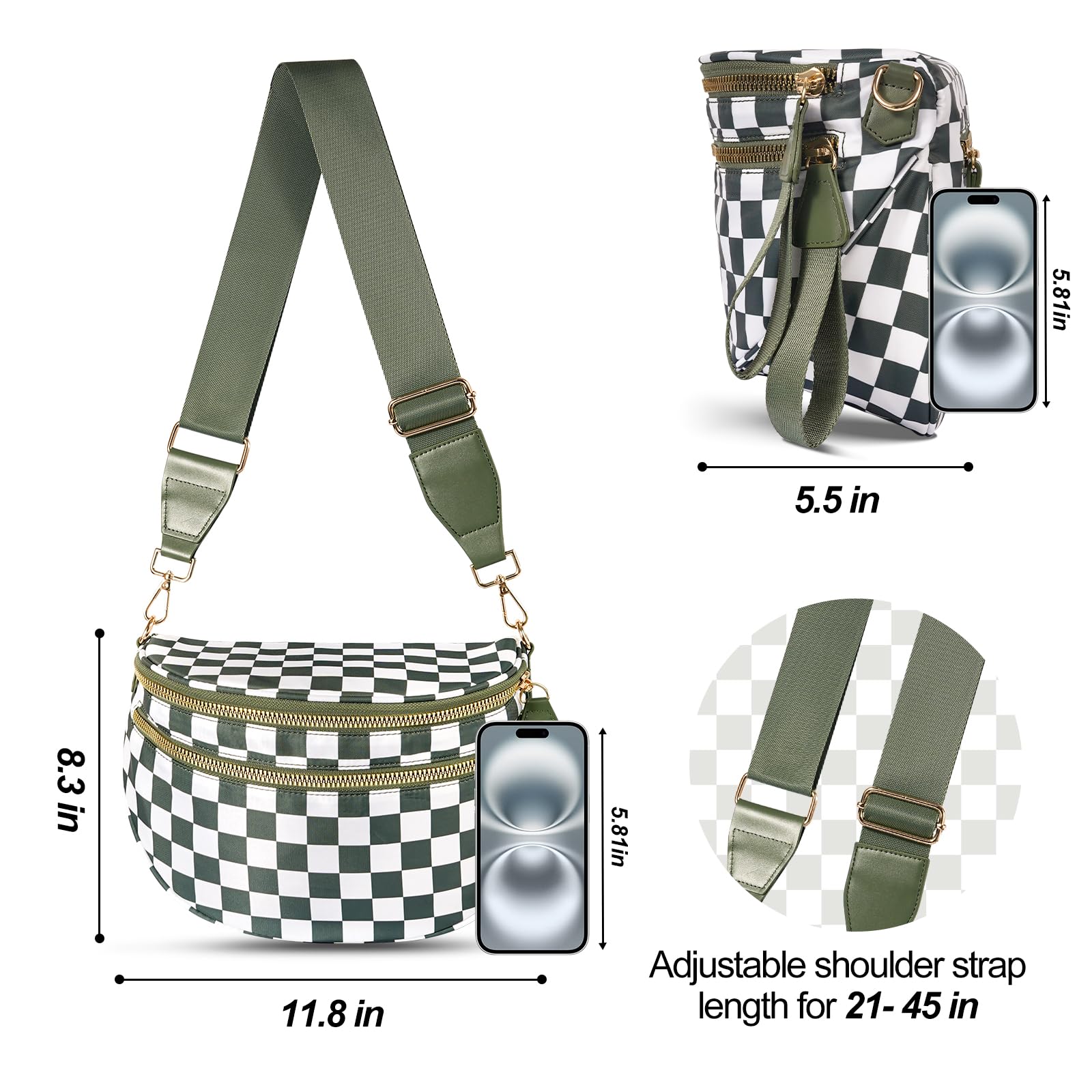 idoltimes Checkered Crossbody Bag,Nylon Bum Bags for Women Crossbody,Spacious Sling Bag Purse Fanny Packs with Shoulder Strap