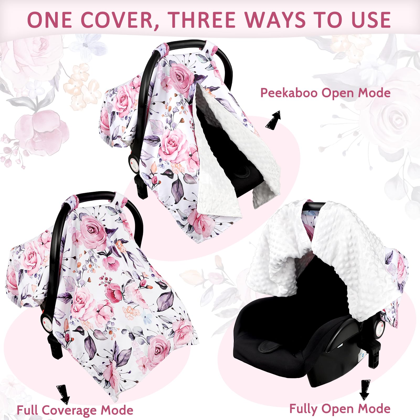 Baby Car Seat Cover, Breathable Infant Carseat Cover for Summer Peekaboo Opening Car Seat Canopy Cover, Nursing Cover for Baby Boys Girls (Pink Floral)