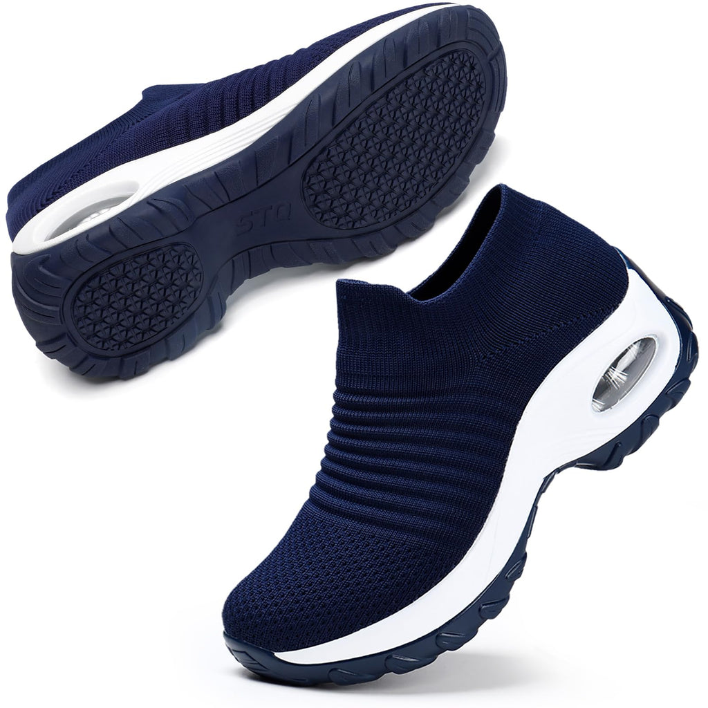 STQ Walking Shoes Women Slip on Sneakers Tennis Work Non Slip Arch Support Orthopedic Comfortable Nursing Plantar Fasciitis Breathable Mesh Fashion Ladies Navy 8
