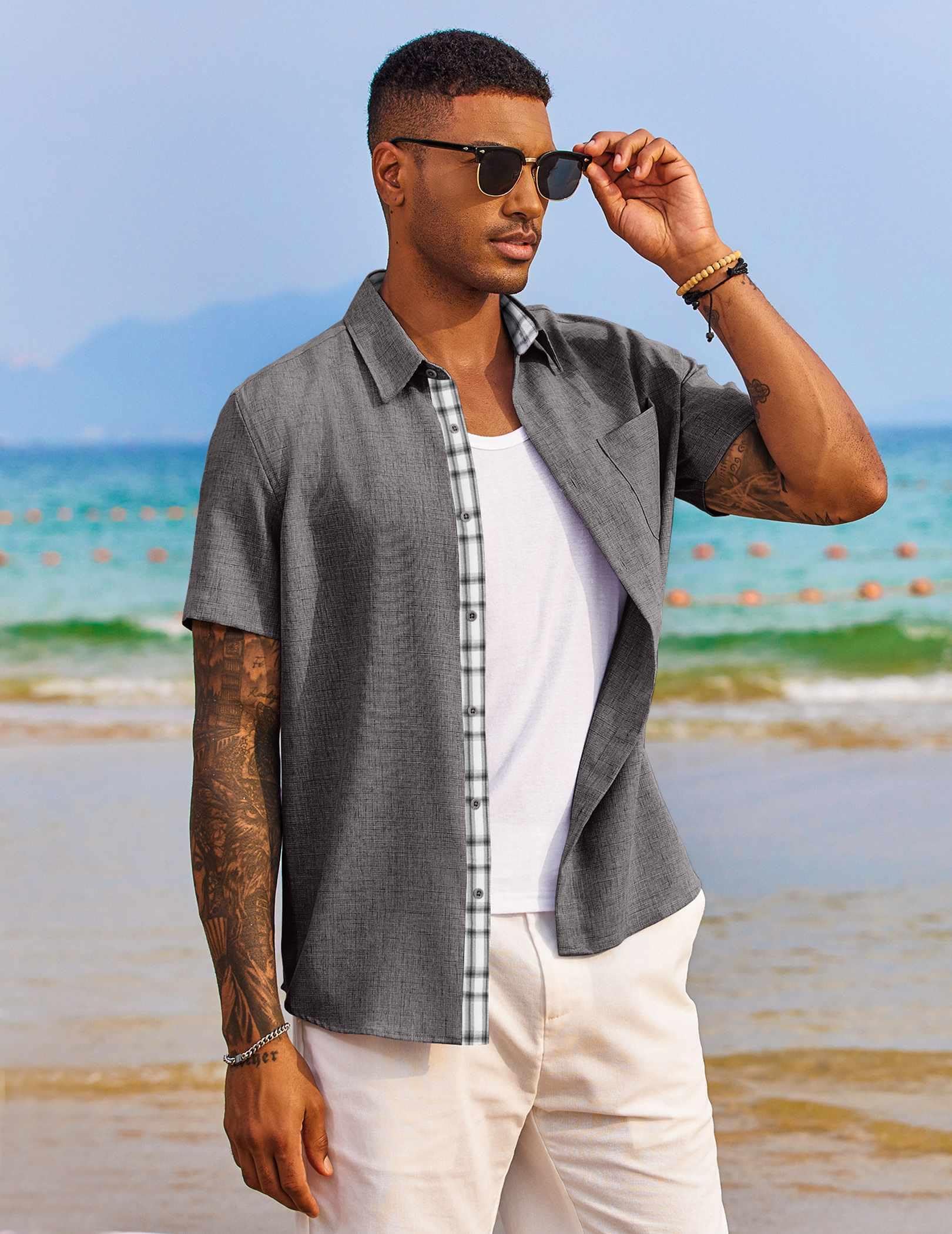 COOFANDY Men's Summer Shirt Casual Button Down Shirts Short Sleeve Dress Shirt A-Dark Grey