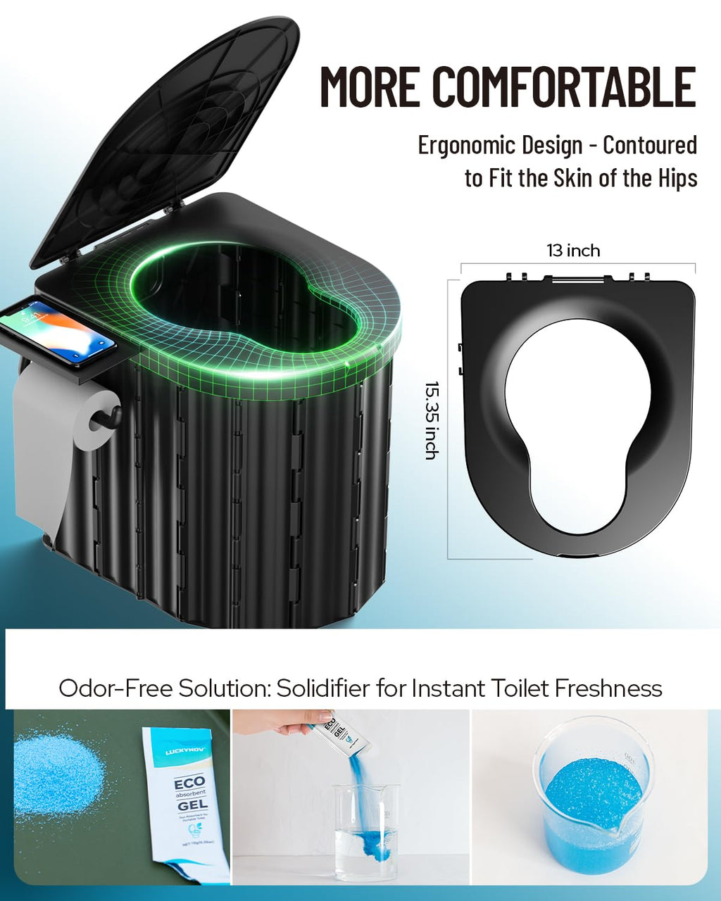 Portable Toilet with Urine Gel & Leak-Proof Bags – Odorless Camping Toilet for Adults & Kids, Outdoor Travel Potty with Ergonomic Design