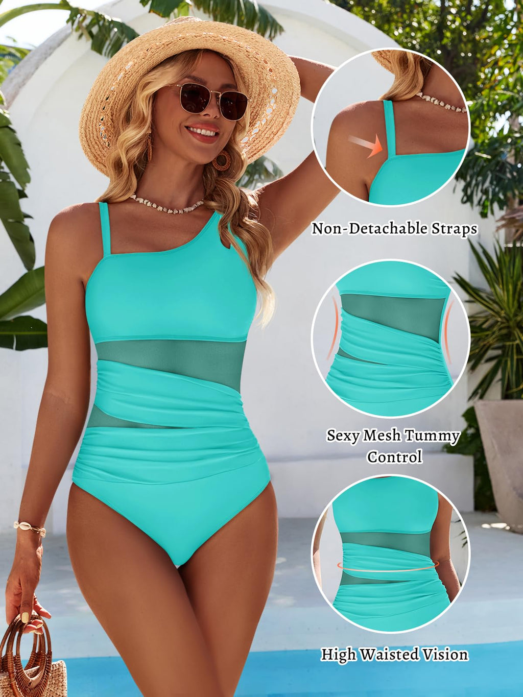 Dridreo One Piece Bathing Suit Mesh Slimming Tummy Control Swimsuits for Women Full Coverage Modest Swimsuit 2626 Aqua Blue XL