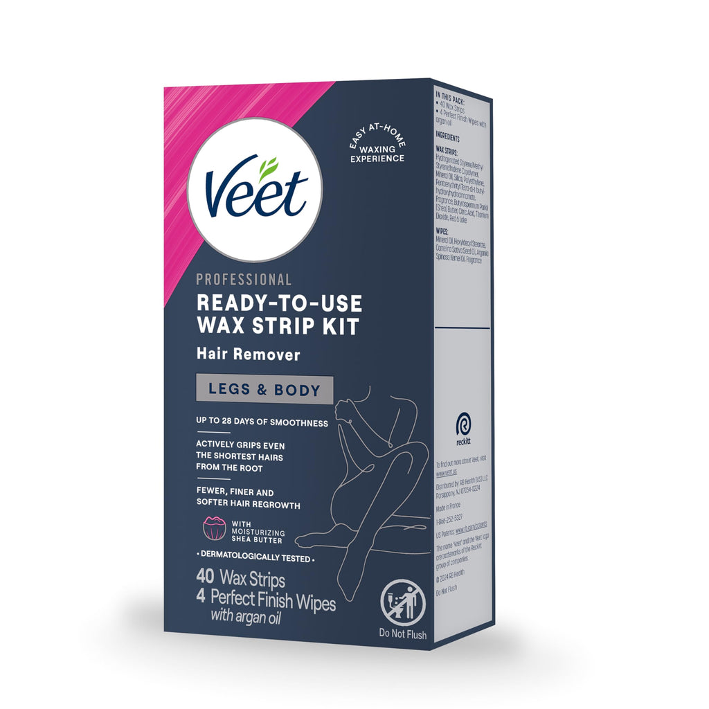 VEET Sugar Wax Strips For Women's Body Hair Removal, Bikini Hair Removal Kit, Pubic, Dermatologically Tested For Body & Intimate Areas, 40ct Wax Strips with Shea Butter & 4ct Wipes