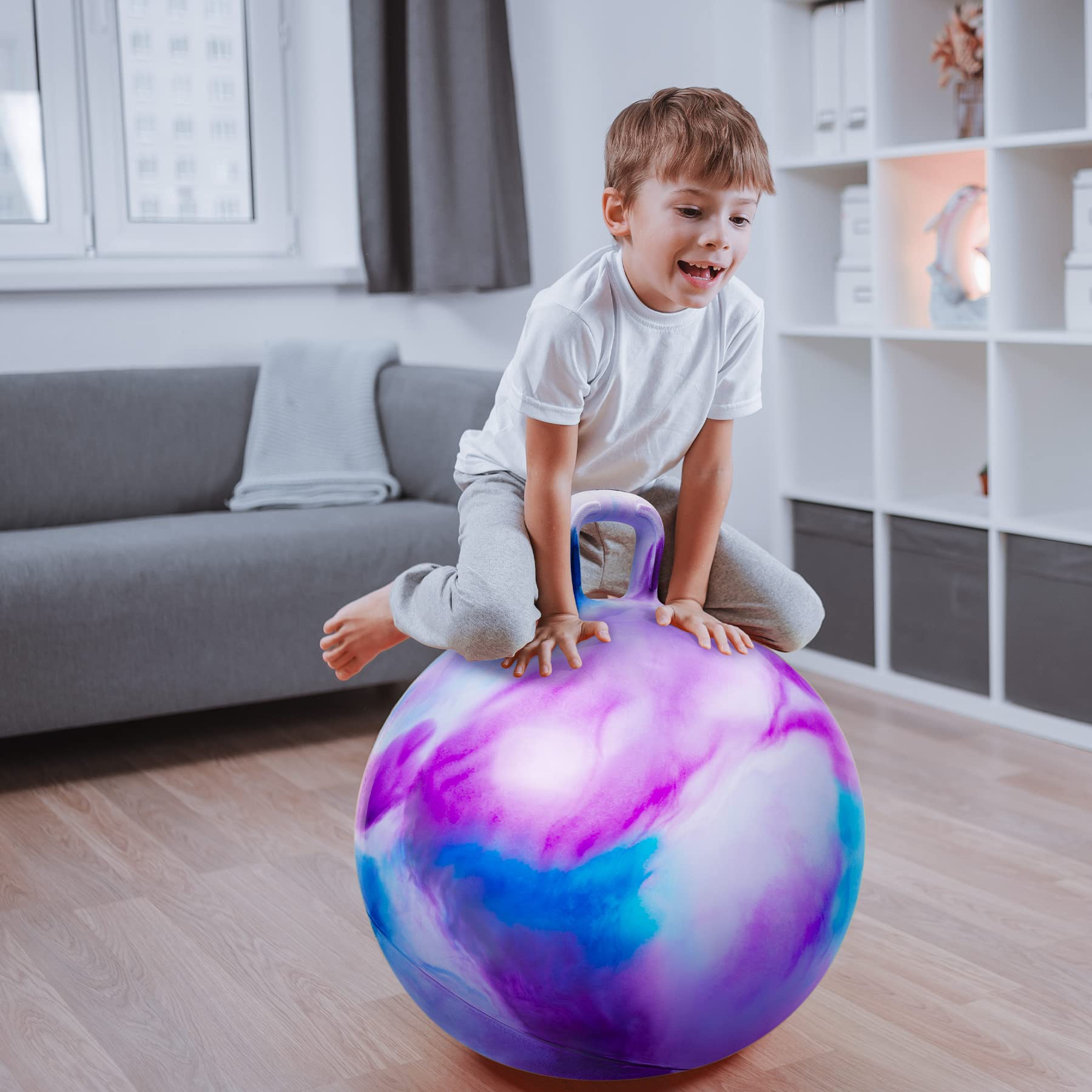 ZOOJOY Hopper Ball, Hopping Toys for Kids, 18inch Bouncy Ball with Handle for Boys Girls Aged 3-8, Inflatable Clouds Bounce Hopper Toy with Pump