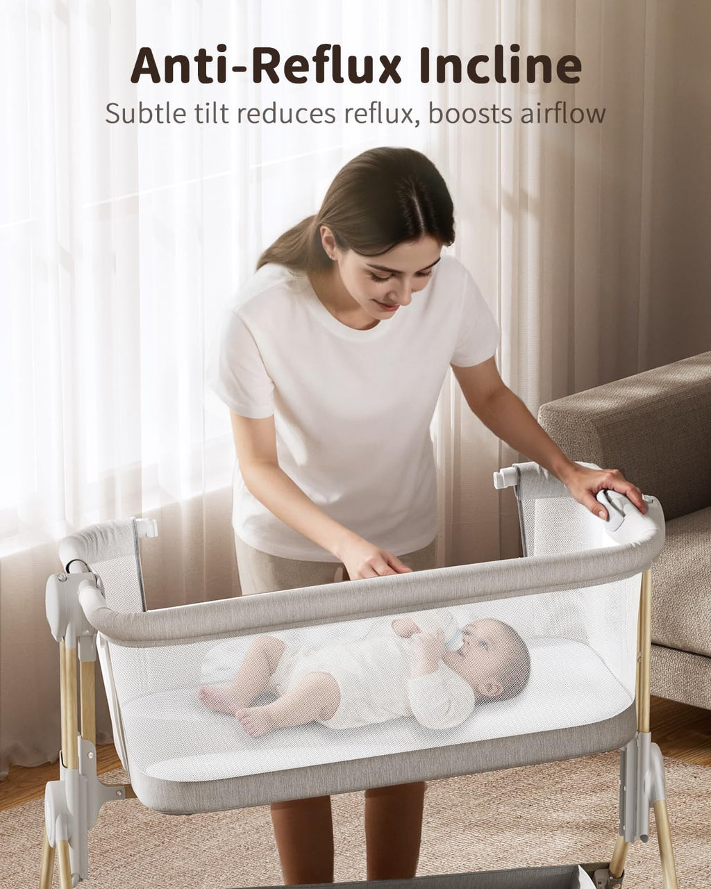 ANGELBLISS Baby Bassinet, 3-in-1 Bedside Bassinet for Baby, One-Touch Foldable Baby Crib for Newborn with Full-Mesh Sides & Adjustable Height, Mattress & Storage Bag