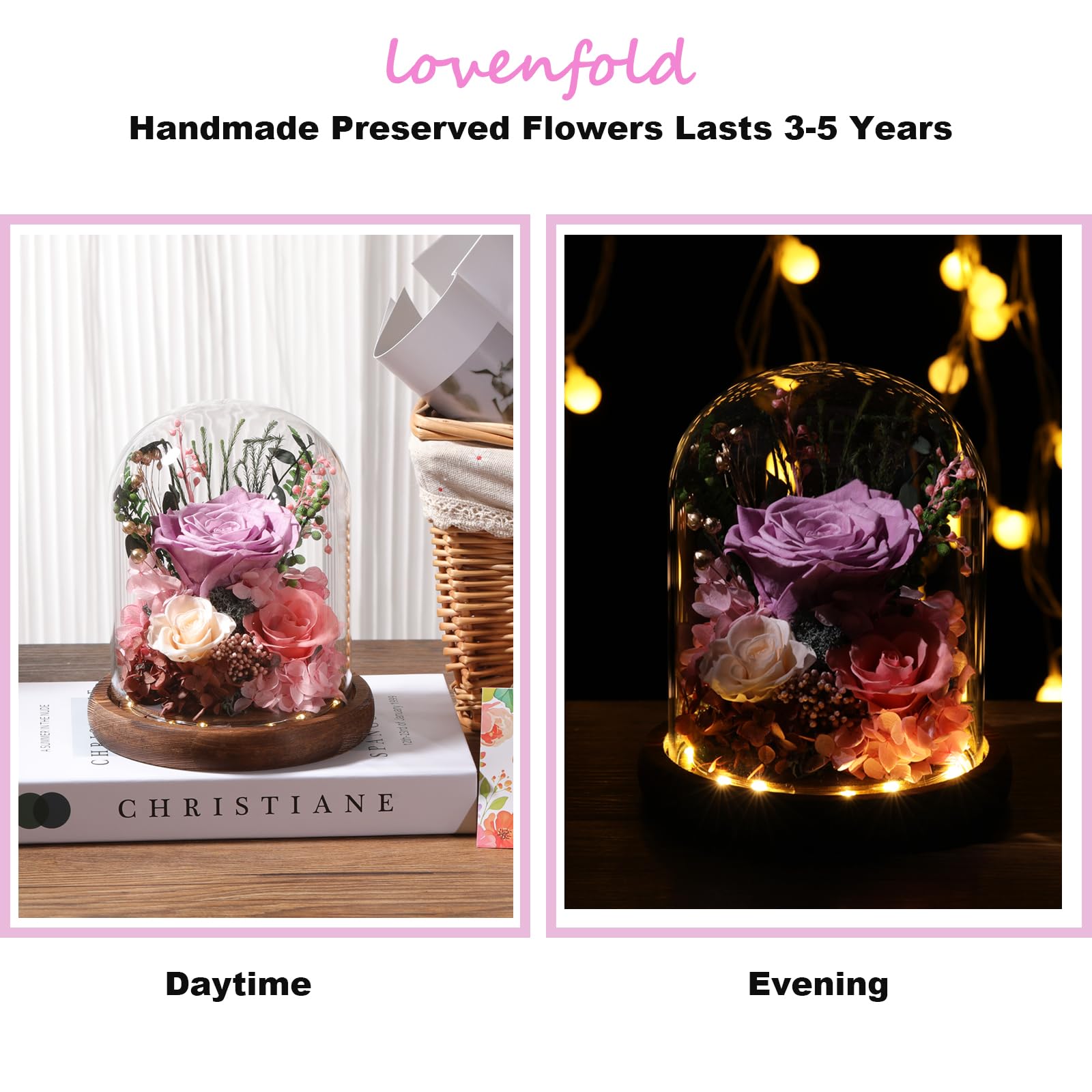 LOVENFOLD Flowers for Delivery Preserved Flowers lilac Roses with LED Light in a Glass Dome,Long Lasting Forever Flowers Birthday Gifts for Women Daughter Mom Wife Friend（lilac Rose）
