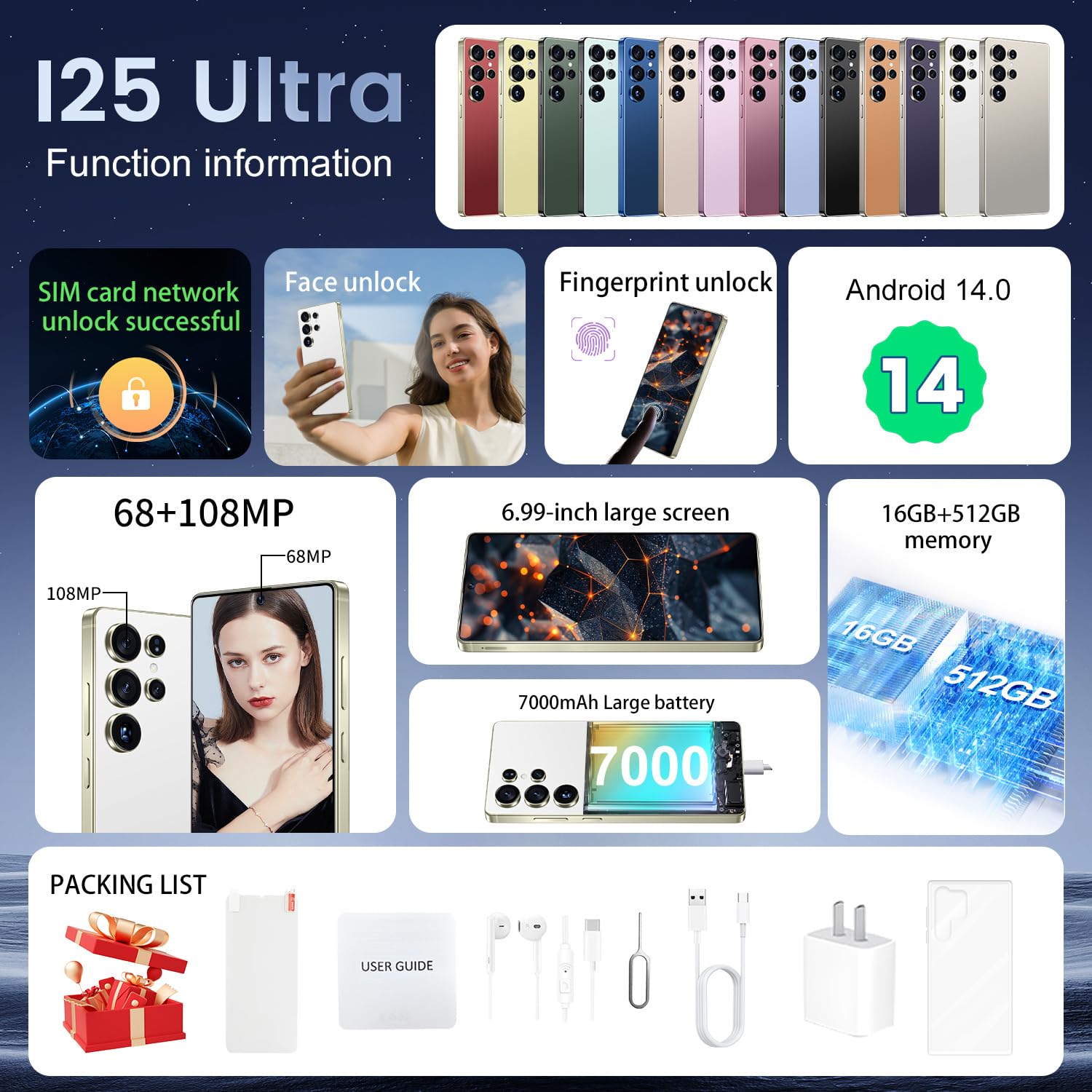 BDWJW I25 Ultra Smartphone 16GB+512GB Android 14 Smartphone, 6.99" FHD+ Display, 7000mAh Battery, 108MP+68MP Dual Camera, Built-in Pen Stylus, Fast Performance Large Memory (White)