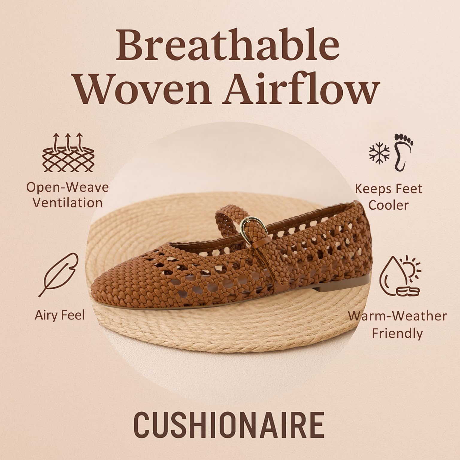CUSHIONAIRE Windsor Woven Womens Flats with Adjustable Strap – Comfortable Mary Jane Ballet Flats for Women, Cognac 6