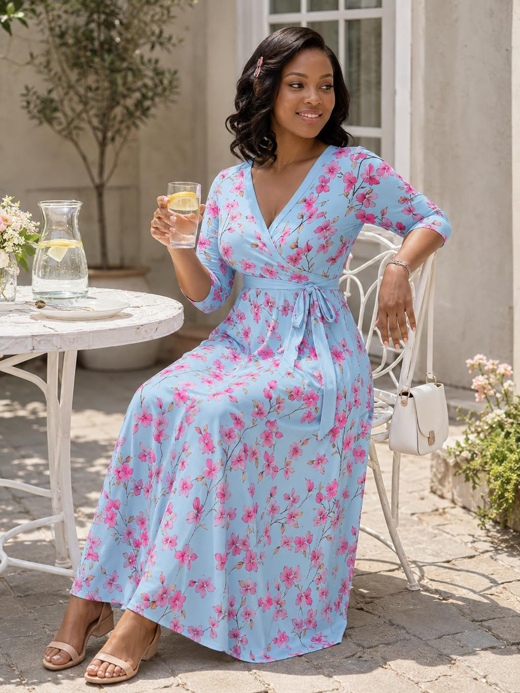 PinkPatty Plus Size Maxi Dress for Women Casual V Neck 3/4 Sleeve Boho Printed Long Dress with Pockets (Floral7 2XL)