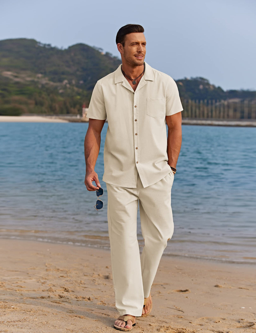COOFANDY Men's Summer Outfits Linen Pants and Shirt Set Beach Vacation Walking Suits