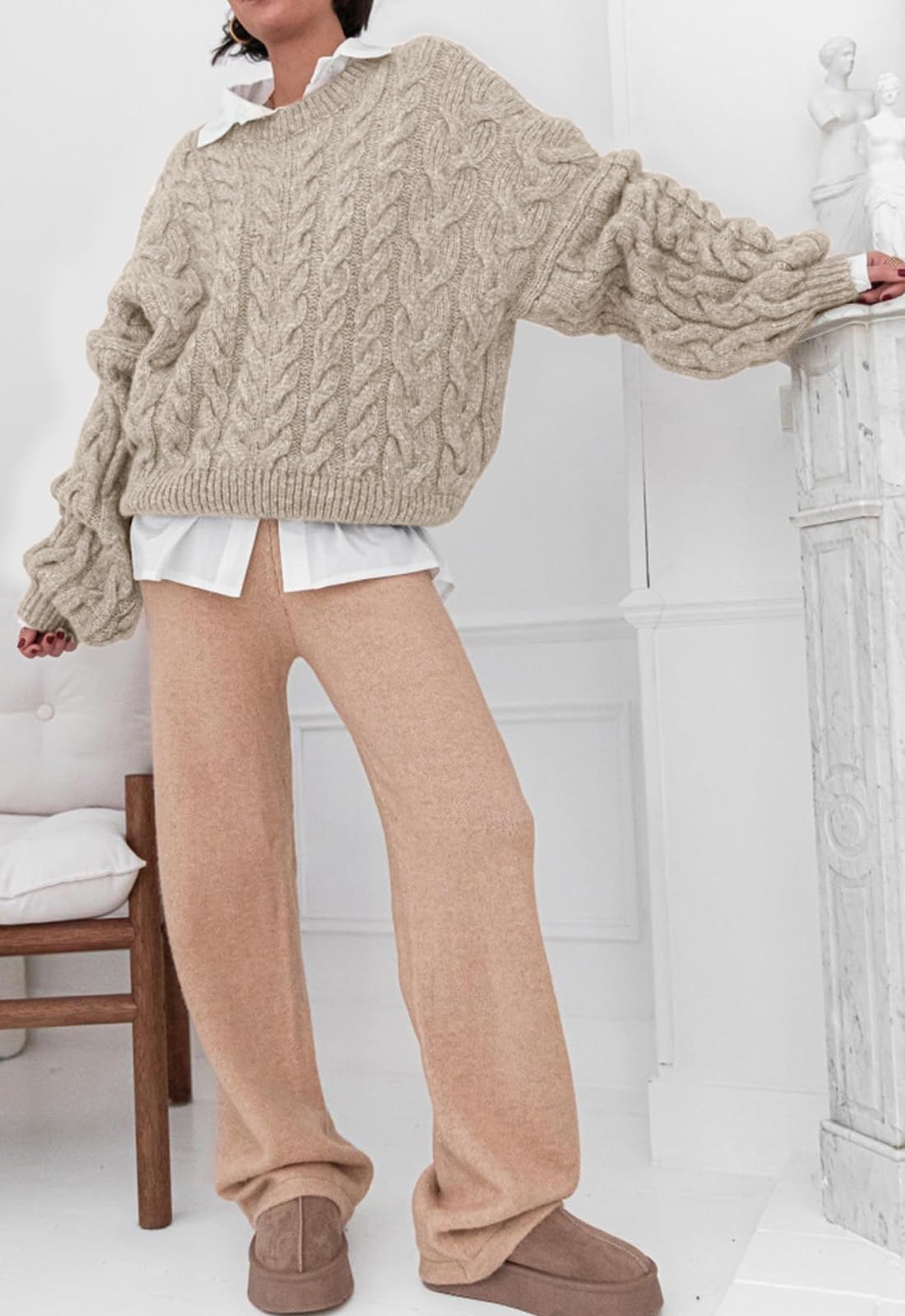 PRETTYGARDEN Womens Sweaters Fall 2026 Cable Knit Long Sleeve Crewneck Oversized Sweater Chunky Pullover Loose Outfits (Khaki, Small)