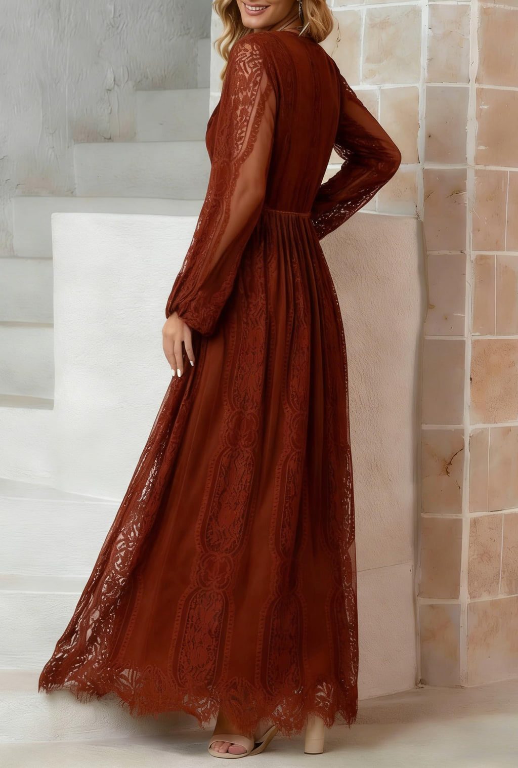 Cercis Women V-Neck Long Sleeve Floral Lace Formal Maxi Dress Spring Fall Flowy Party Dresses for Wedding Guest Rust