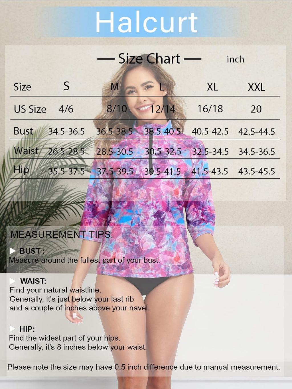Halcurt Women's 3/4 Sleeve Rash Guard Swimsuit Top High Neck Half Zip Swim Shirt Only UPF50+ Quick Dry Bathing Suit Geometric M