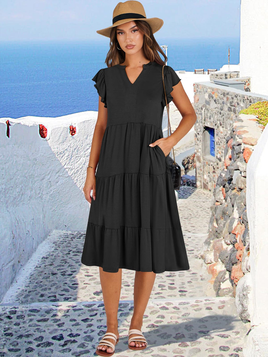 ANRABESS Womens Summer Dress Ruffle Sleeve V Neck Midi Dresses Fashion Casual Fit Flowy Tiered Boho Beach Vacation Sundress Black-XL