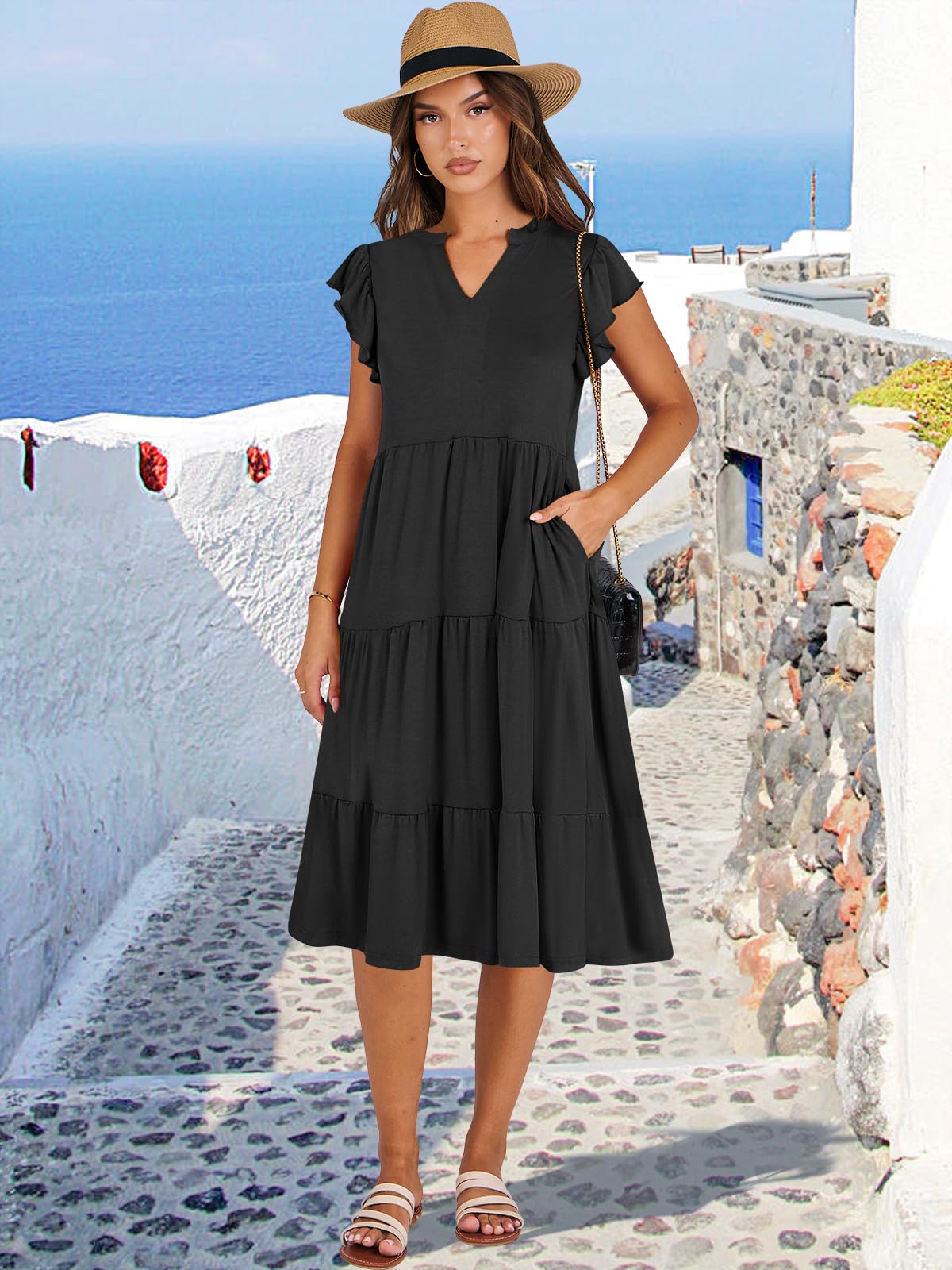 ANRABESS Womens Summer Dress Ruffle Sleeve V Neck Midi Dresses Fashion Casual Fit Flowy Tiered Boho Beach Vacation Sundress Black-XL