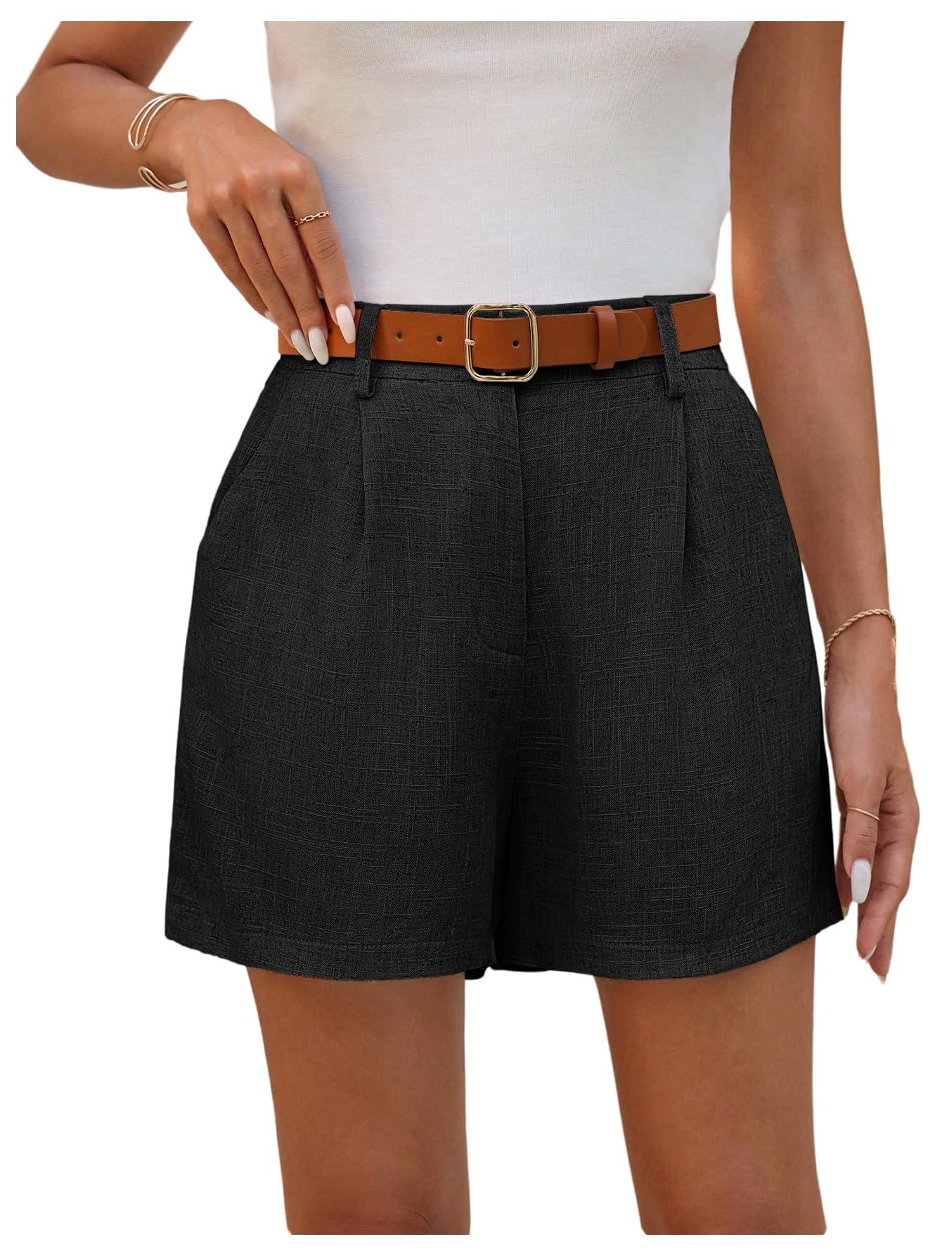 SweatyRocks Women's Linen Shorts High Waisted Straight Leg Pleated Dressy Shorts with Pockets Black Small