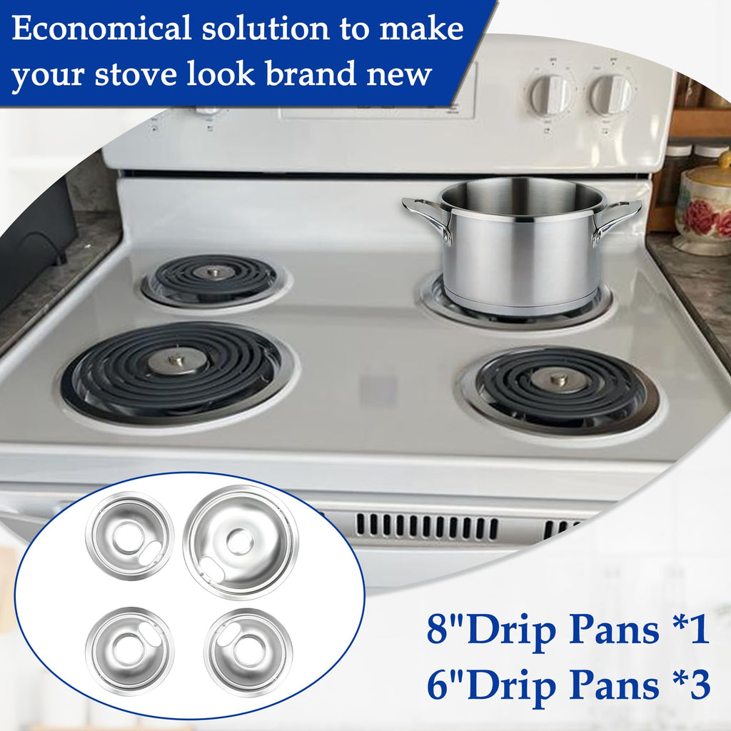 Mejiao Stove Burner Covers,Chrome Replacement Drip Pans for Frigidaire Kenmore 316048413 and 316048414,4 pcs (3x6" and 1x8")