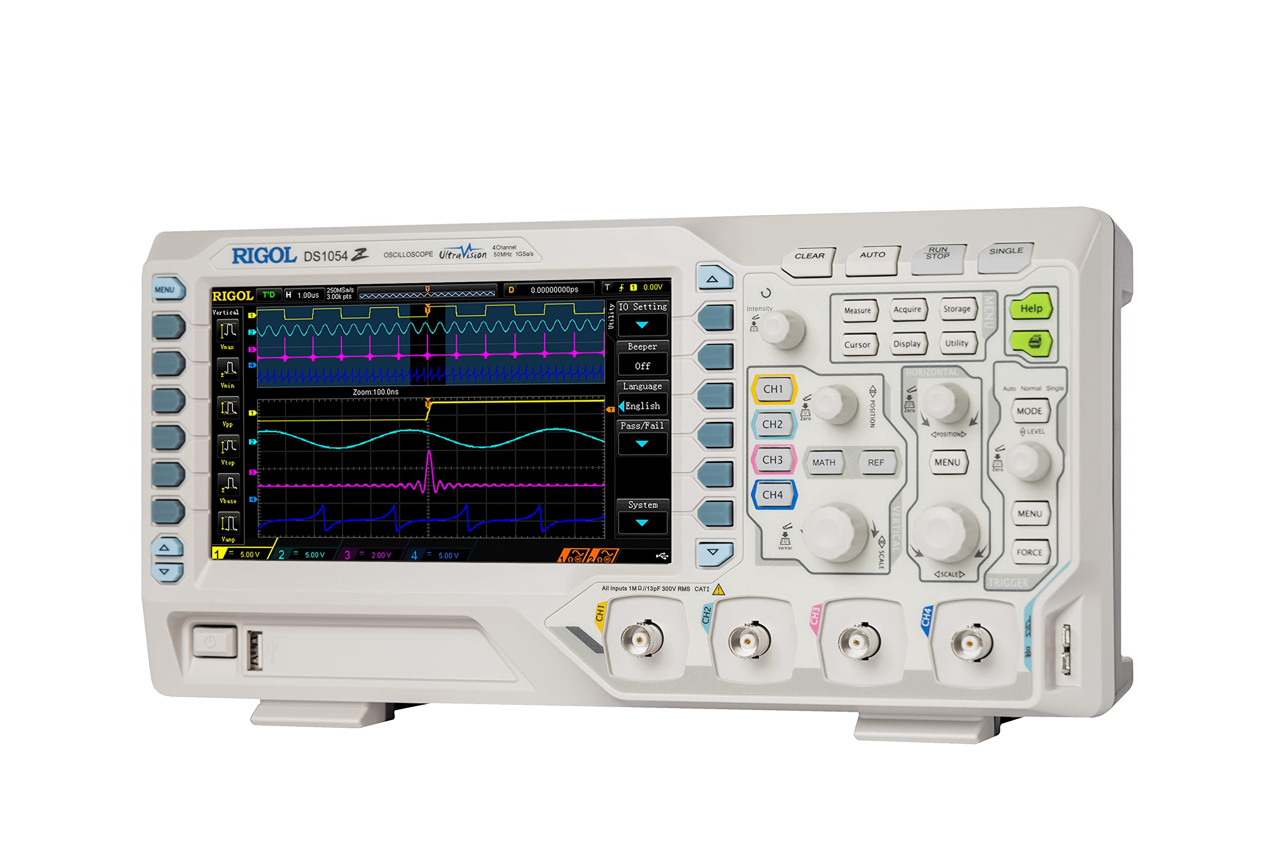 Rigol Digital Oscilloscope DS1054Z 50 MHz 4-Ch 1 GSa/s 24 Mpts 30,000 wfms/s UltraVision 7" 800x480 Intensity Display, 60,000-Frame Record/Playback, Serial Decode UART I2C SPI for Debug & Education