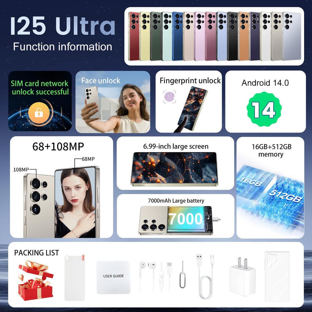 BDWJW I25 Ultra Smartphone 16GB+512GB Android 14 Smartphone, 6.99" FHD+ Display, 7000mAh Battery, 108MP+68MP Dual Camera, Built-in Pen Stylus, Fast Performance Large Memory (Titanium Gray)