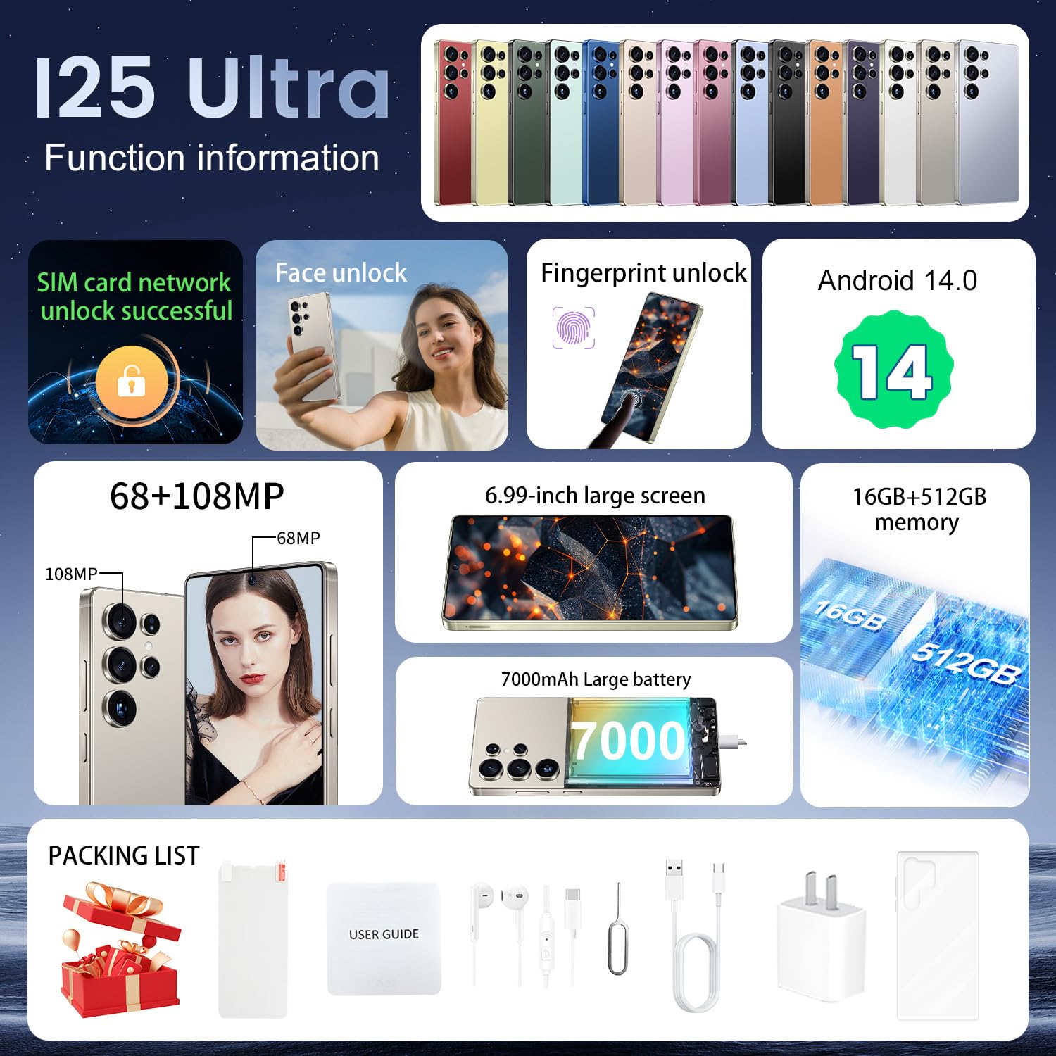 BDWJW I25 Ultra Smartphone 16GB+512GB Android 14 Smartphone, 6.99" FHD+ Display, 7000mAh Battery, 108MP+68MP Dual Camera, Built-in Pen Stylus, Fast Performance Large Memory (Titanium Gray)