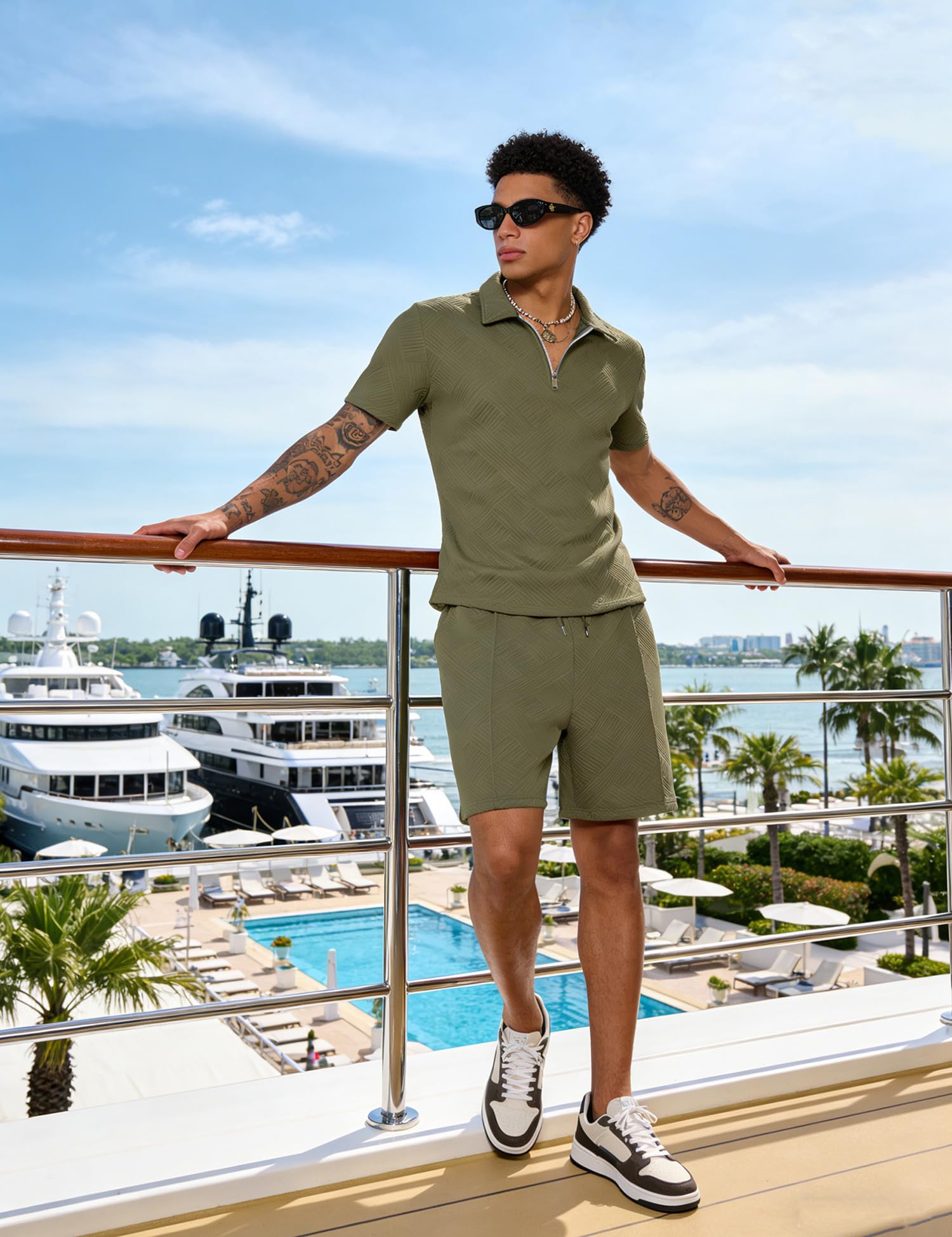 UOUA Mens Track Suits 2 Piece Sets Summer Outfits Short Sleeve Quarter Zip Golf Polo Shirts & Shorts Loungewear Casual Sweatsuit Army Green M