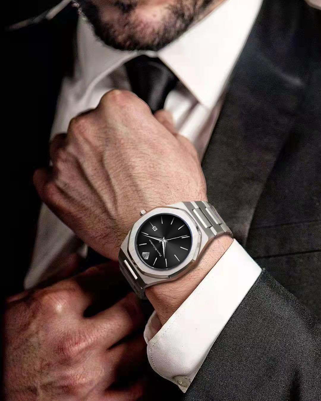 PIERRE RICHARDSON PR5422 Men’s Luxury Watch – Japanese Quartz Movement, Silver Stainless Steel, 41mm, 5ATM Water Resistant, Scratch-Resistant Sapphire Crystal Glass – Classic Dress Watch for Men