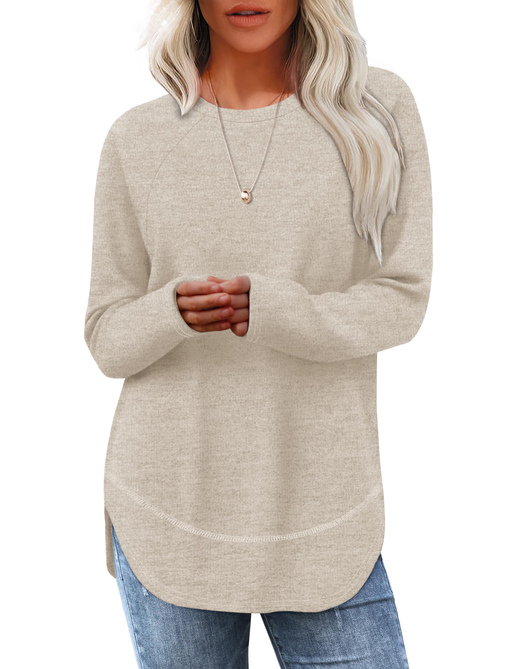 Sampeel Womens Early Fall Fashion 2025 Tunic Tops for Women Loose Fit Dressy Casual Sweaters Long Sleeve Shirts Fall Clothes Comfiest Airport Outfits Beige L