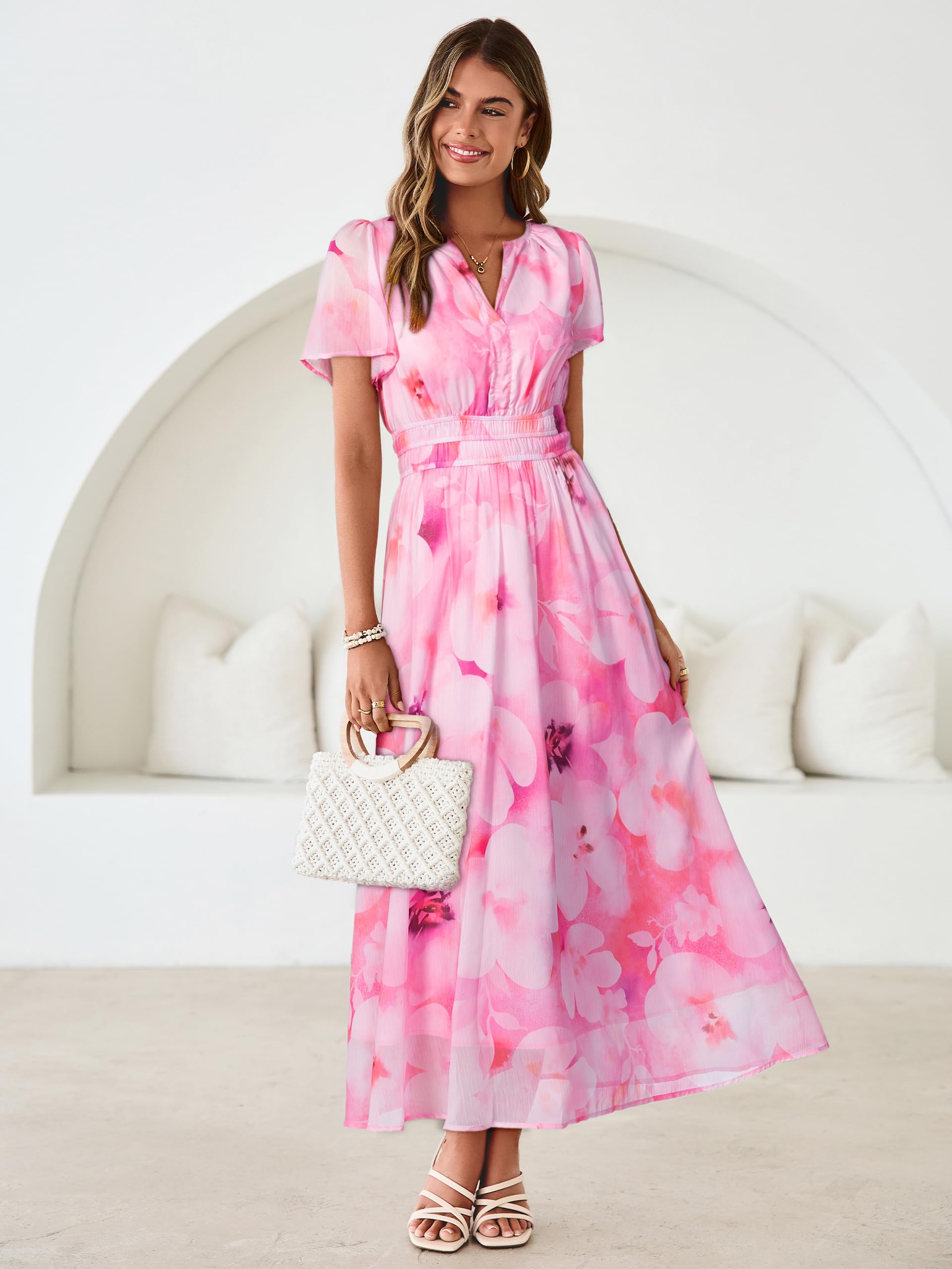 Simplee Women Floral Summer Maxi Dress Boho Flowy Casual Chiffon Short Sleeves V Neck Long Wedding Guest Dresses Pink White Floral M