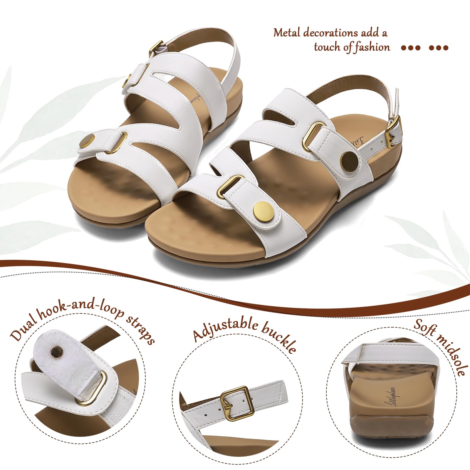 Littleplum Orthopedic Sandals for Women Arch Support Comfortable Flat Adjuatable Sandals for Walking Summer Beach, White Size 8