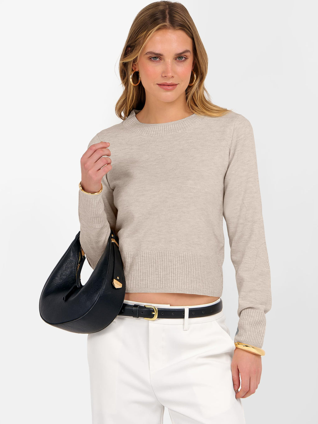 ANRABESS Women’s Long Sleeve Sweaters Cropped Crew Neck Business Casual Light Weight Sweater Tops Fall Fashion Clothes 2025 Light Almond L