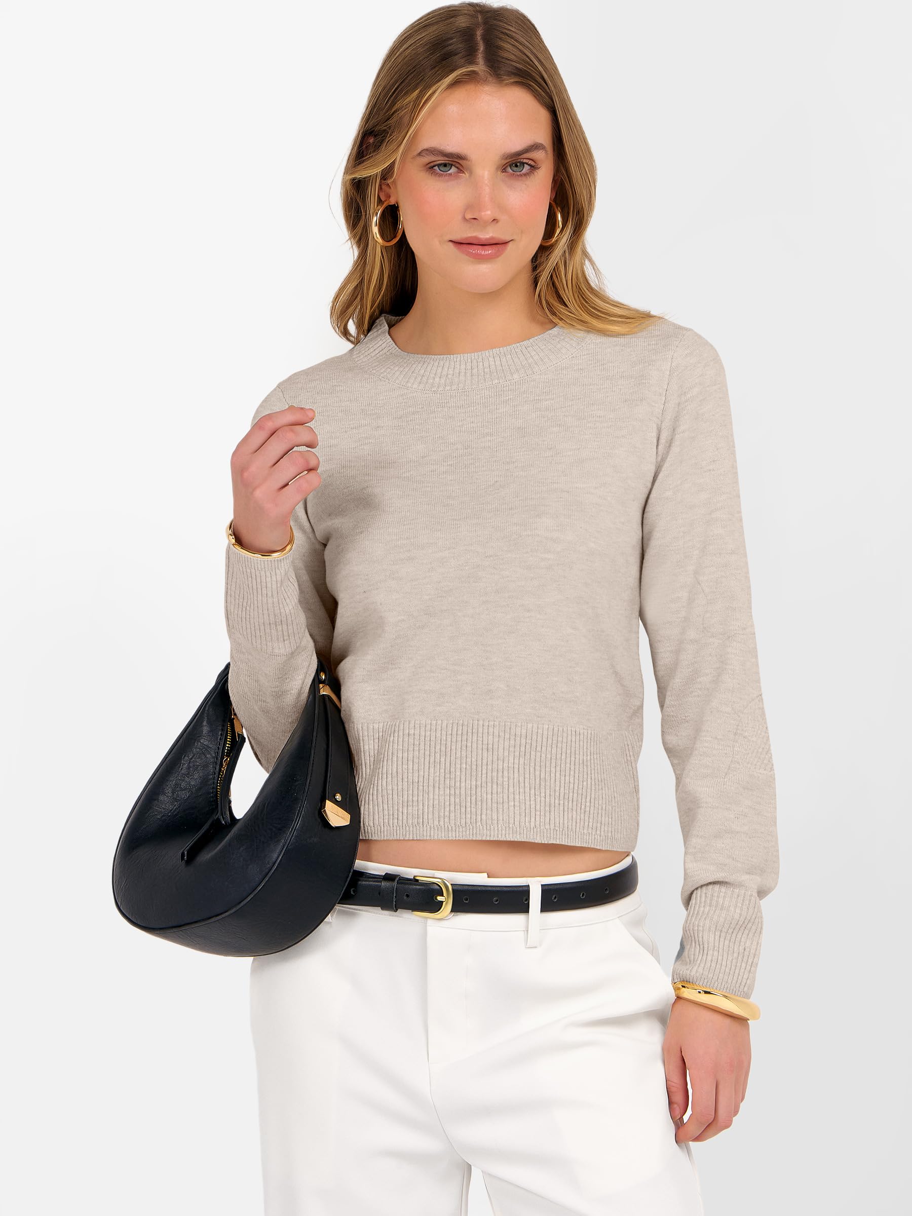 ANRABESS Women’s Long Sleeve Sweaters Cropped Crew Neck Business Casual Light Weight Sweater Tops Fall Fashion Clothes 2025 Light Almond L