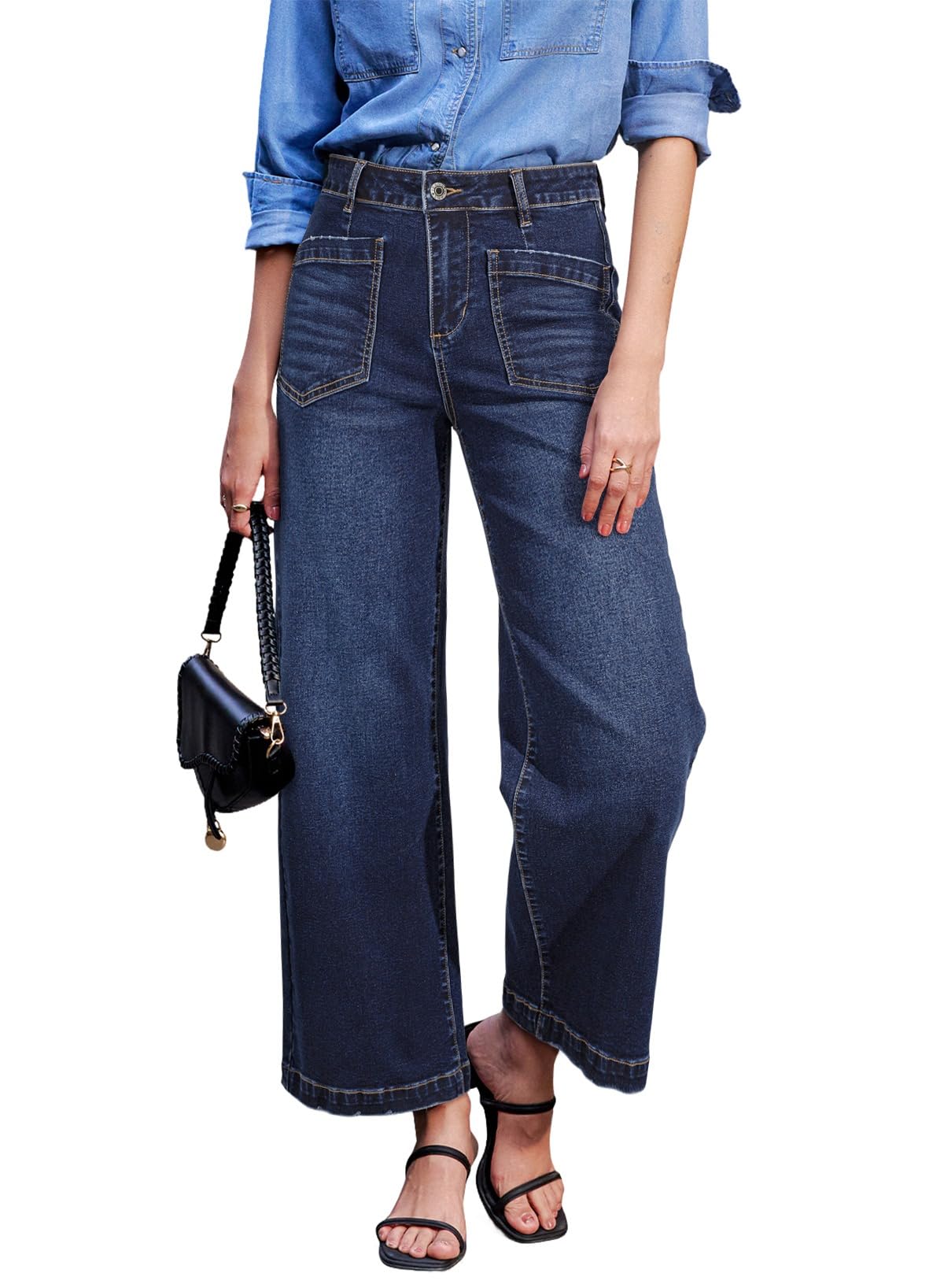 Sidefeel Women's Wide Leg Jeans High Waisted Straight Leg Stretchy Trendy Loose Zimbaplatinum Ankle Denim Pants Dark Blue Size 12