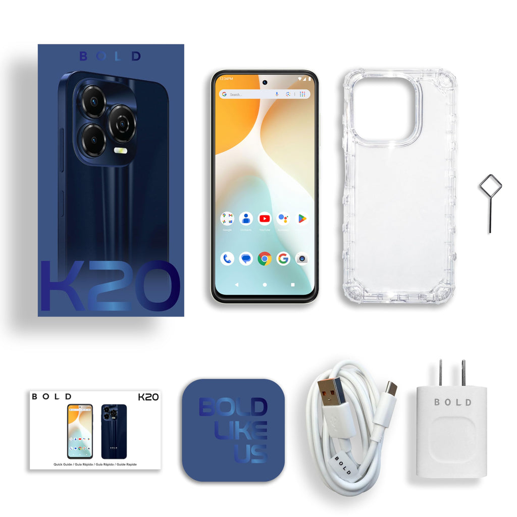 Bold K20 | 2025 | All-Day Battery | Unlocked | 6.7” HD+ Infinity Dot Display | 256/4GB | Triple 50MP Camera | US Version | US Warranty | (Blue)