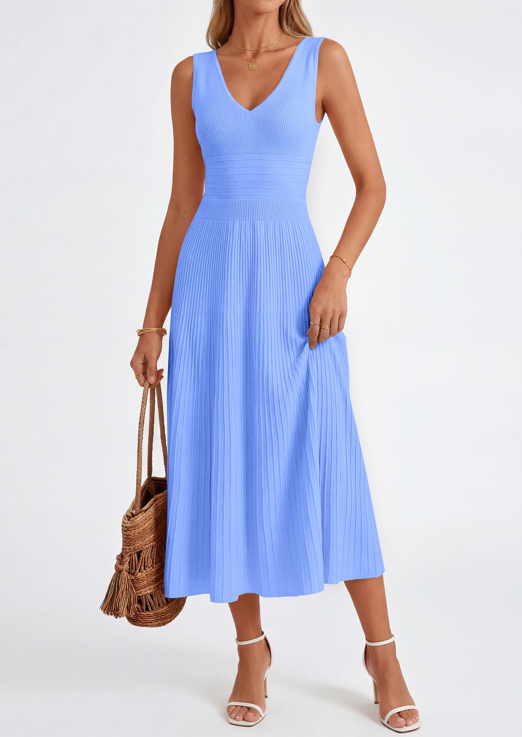 PRETTYGARDEN Summer Dresses for Women 2026 Spring Casual Sleeveless V Neck Pleated Midi Work Cocktail Wedding Guest Dress(Light Blue,X-Large)