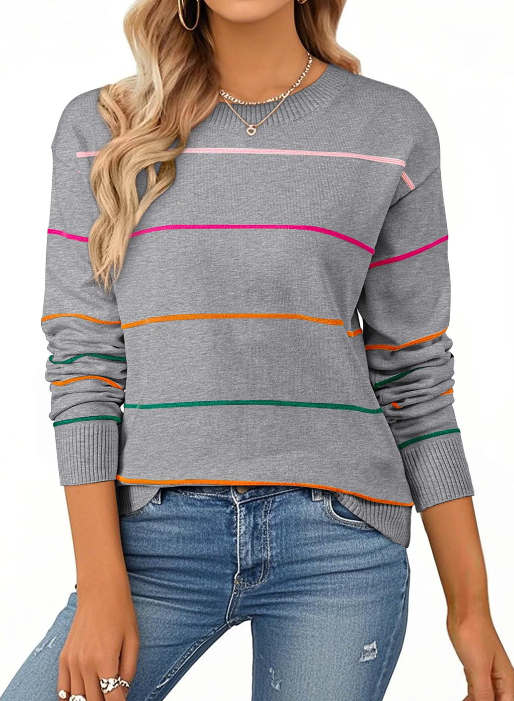 SHEWIN Womens Tops Dressy Casual Crew Neck Striped Sweater Women Lightweight Fall Tops for Women 2025 Long Sleeve Tops Womens Sweaters Grey Medium