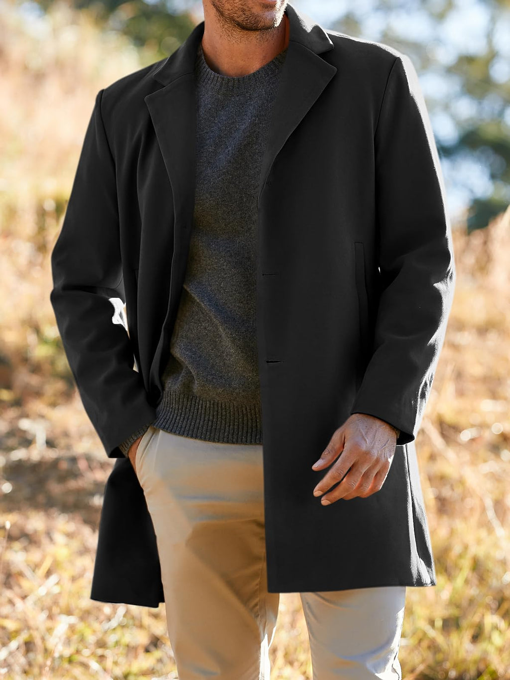 PASLTER Mens Trench Coat Slim Fit Notched Collar Fall Winter Single Breasted Pea Coat Warm Soft Overcoat