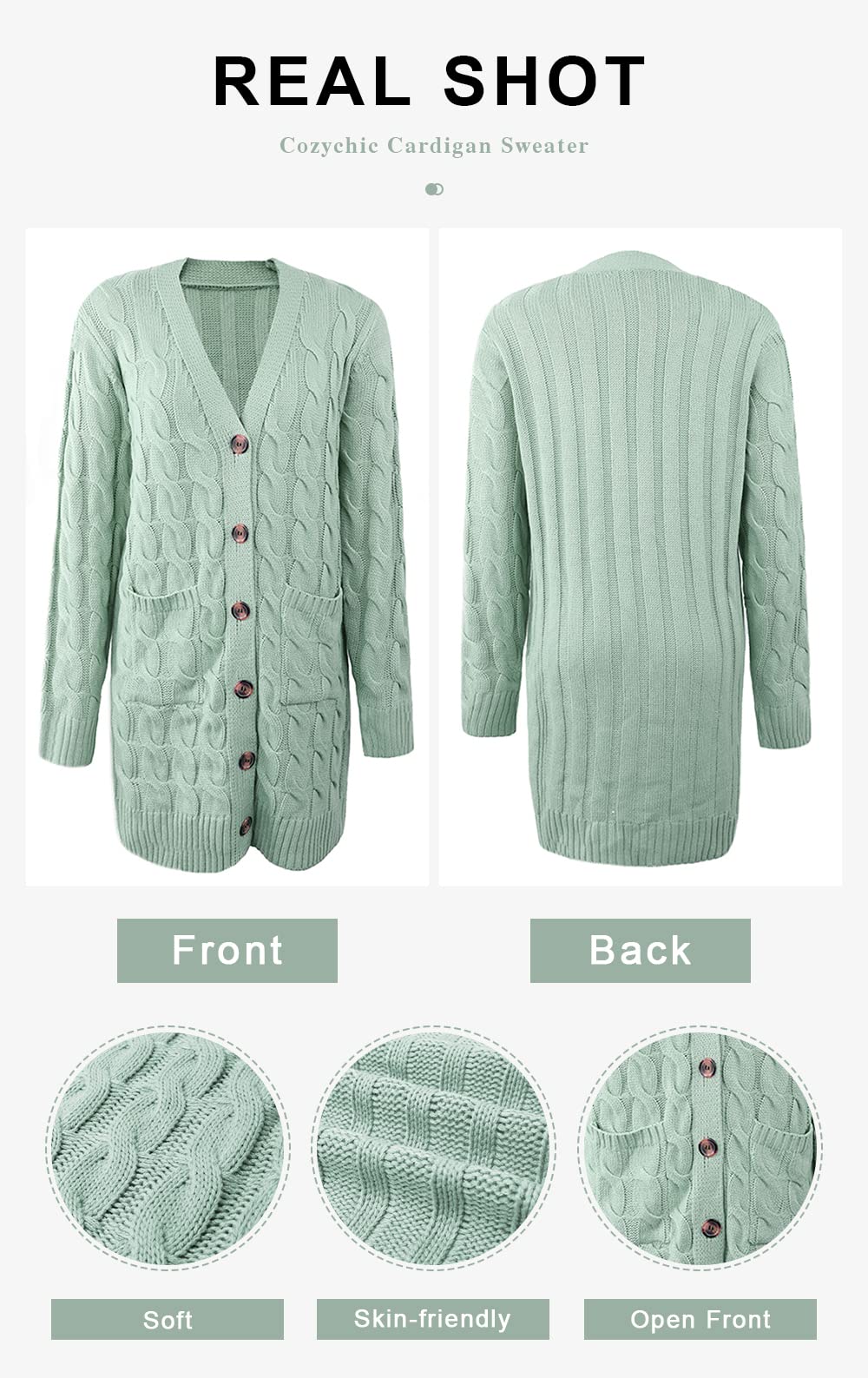 PRETTYGARDEN Long Sleeve Cable Knit Long Cardigan for Women 2026 Spring Winter Chunky Open Front Button Sweaters with Pockets (Bean Green, Small)