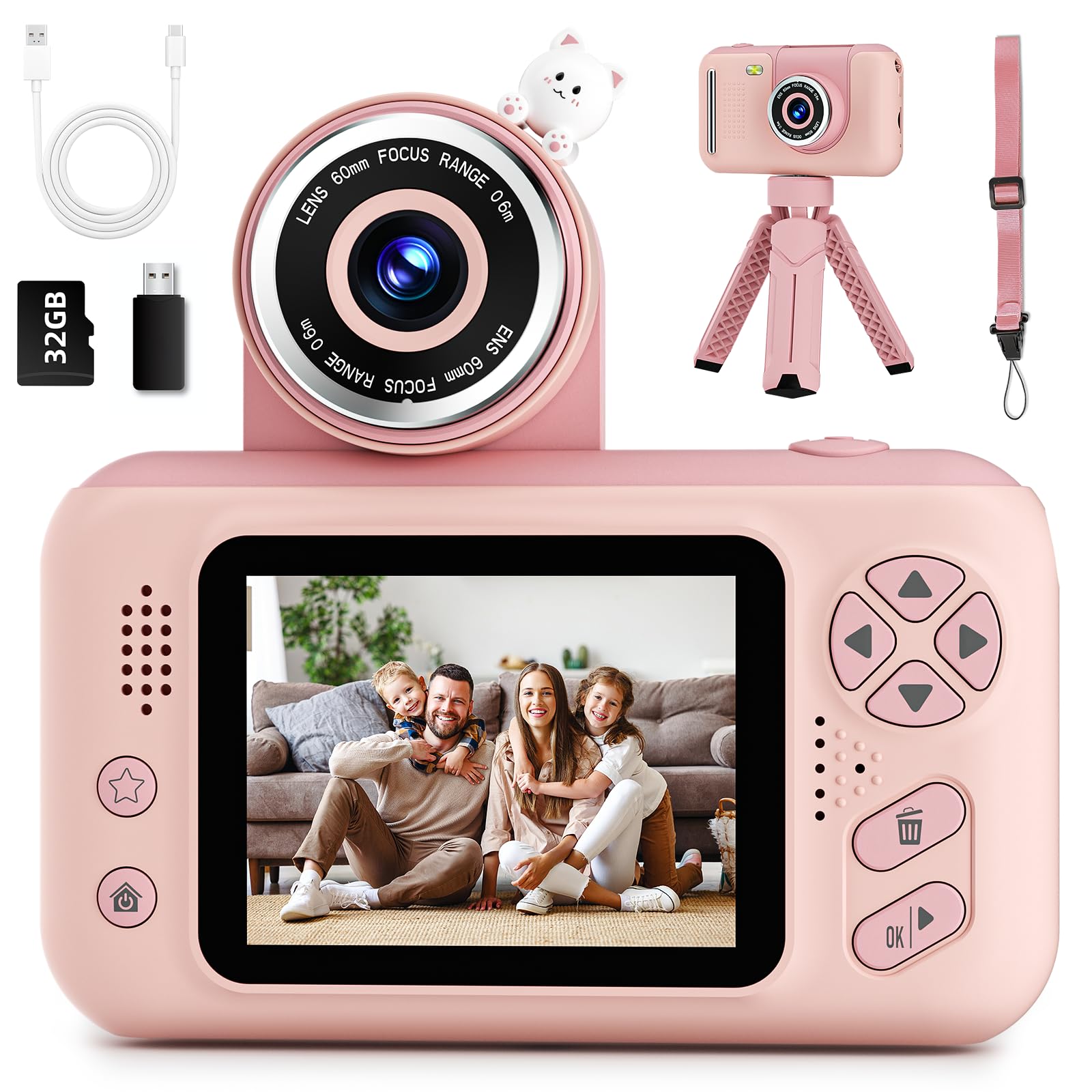 Makolle Upgrade Kids Selfie Camera,Chritmas Birthday Gift for 3-9 Years Old Girls,Portable Toy for 3 4 5 6 7 8 9 Year Children,Toddler 1080HD Digital Video Camcorder Camera with 32G SD Card Pink