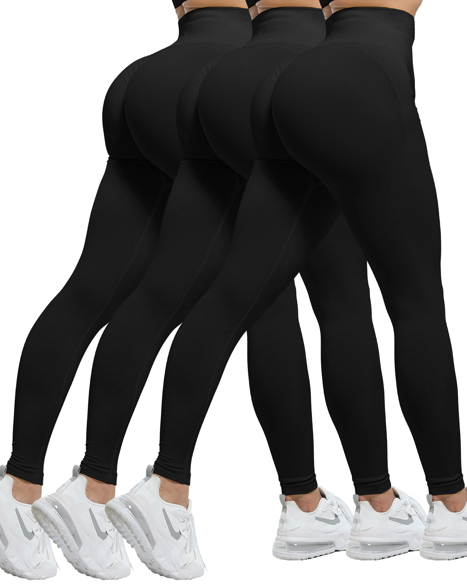 CHRLEISURE Workout Leggings Sets for Women, Gym Scrunch Butt Butt Lifting Seamless Leggings 3 Piece (3*Black, L)