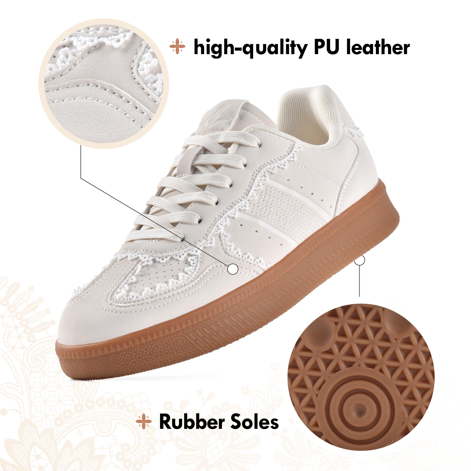 JACKSHIBO Women's Ribbon Lace-Up Fashion Sneakers Classic Retro Gum Sole Non Slip Tennis Walking Shoes Arch Support Orthopedic Low Top Lace Casual Skate Shoes with Memory Foam Natural Size 9