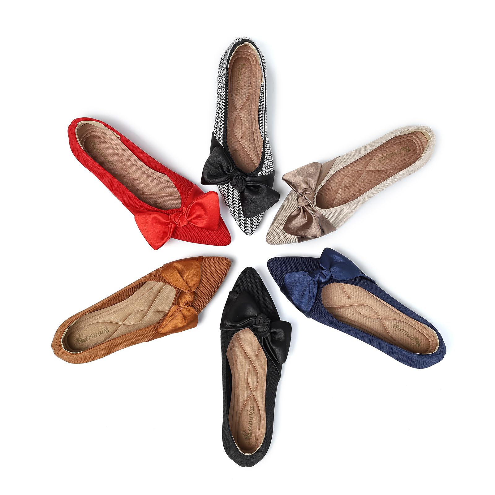 Semwiss Pointed Toe Ballet Flats for Women Slip On Comfortable Flats with Bow Dressy Casual Work Shoes Beige Size 8