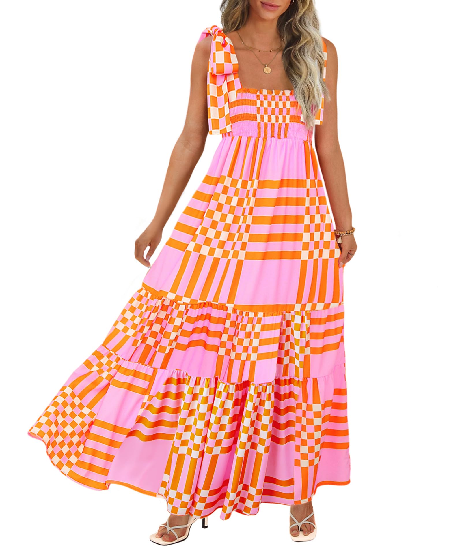 Women's Summer Maxi Dress Boho Spaghetti Straps Casual Long A-line Smocked Beach Dress Square Neck Flowy Sun Dresses Green A-Pink S