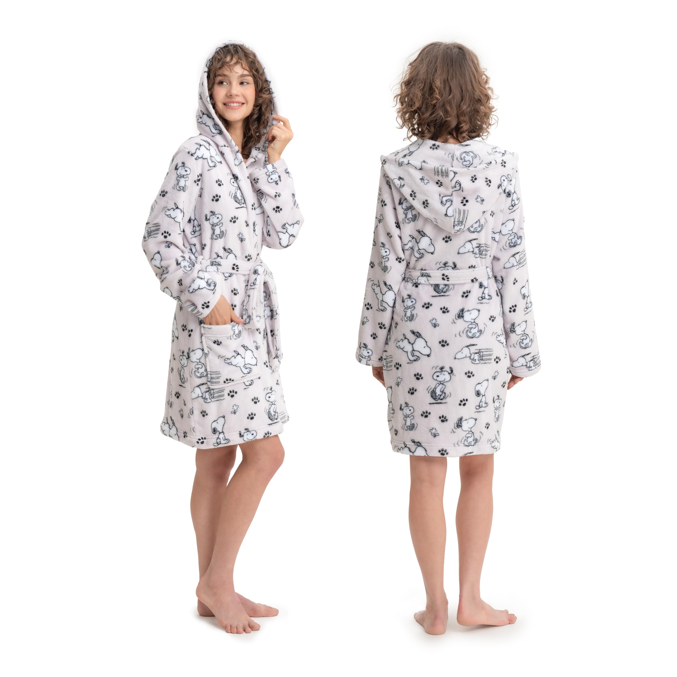 Berkshire Blanket Peanuts® Snoopy VelvetLoft® Soft Lightweight Women Robes, Short Hooded Robe with Pockets, Gifts for Women(Peanuts Poses and Paws Lavender, Medium)