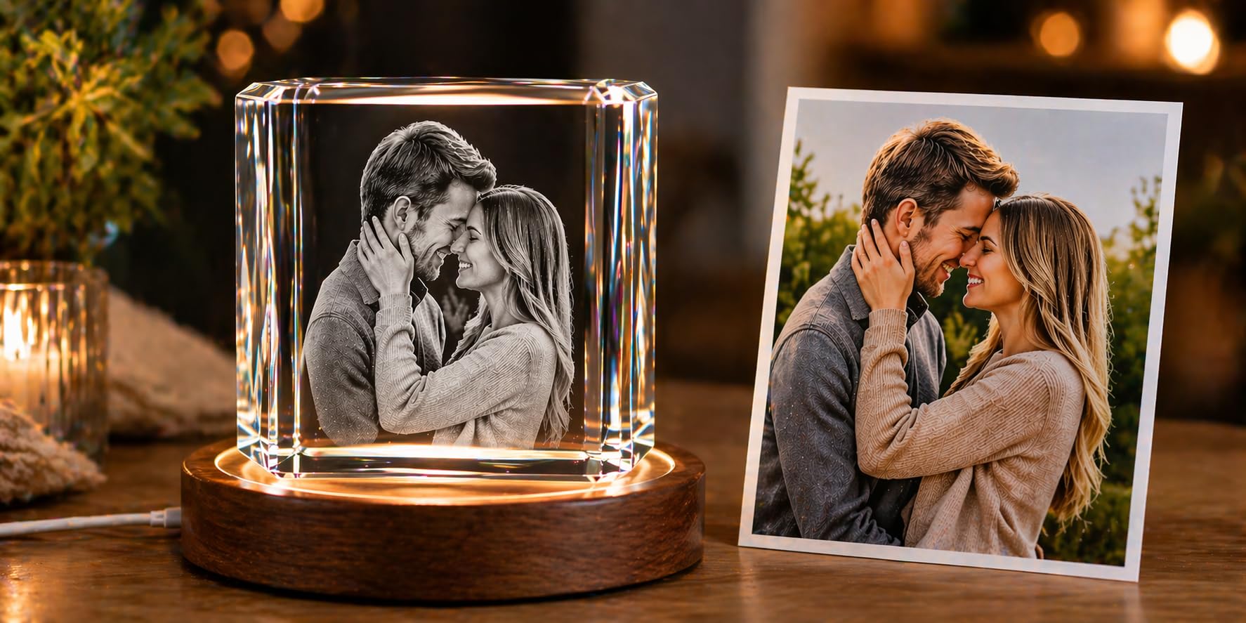 Personalized Custom 2D/3D Photo Etched Engraving on Medium Rectangle Crystal