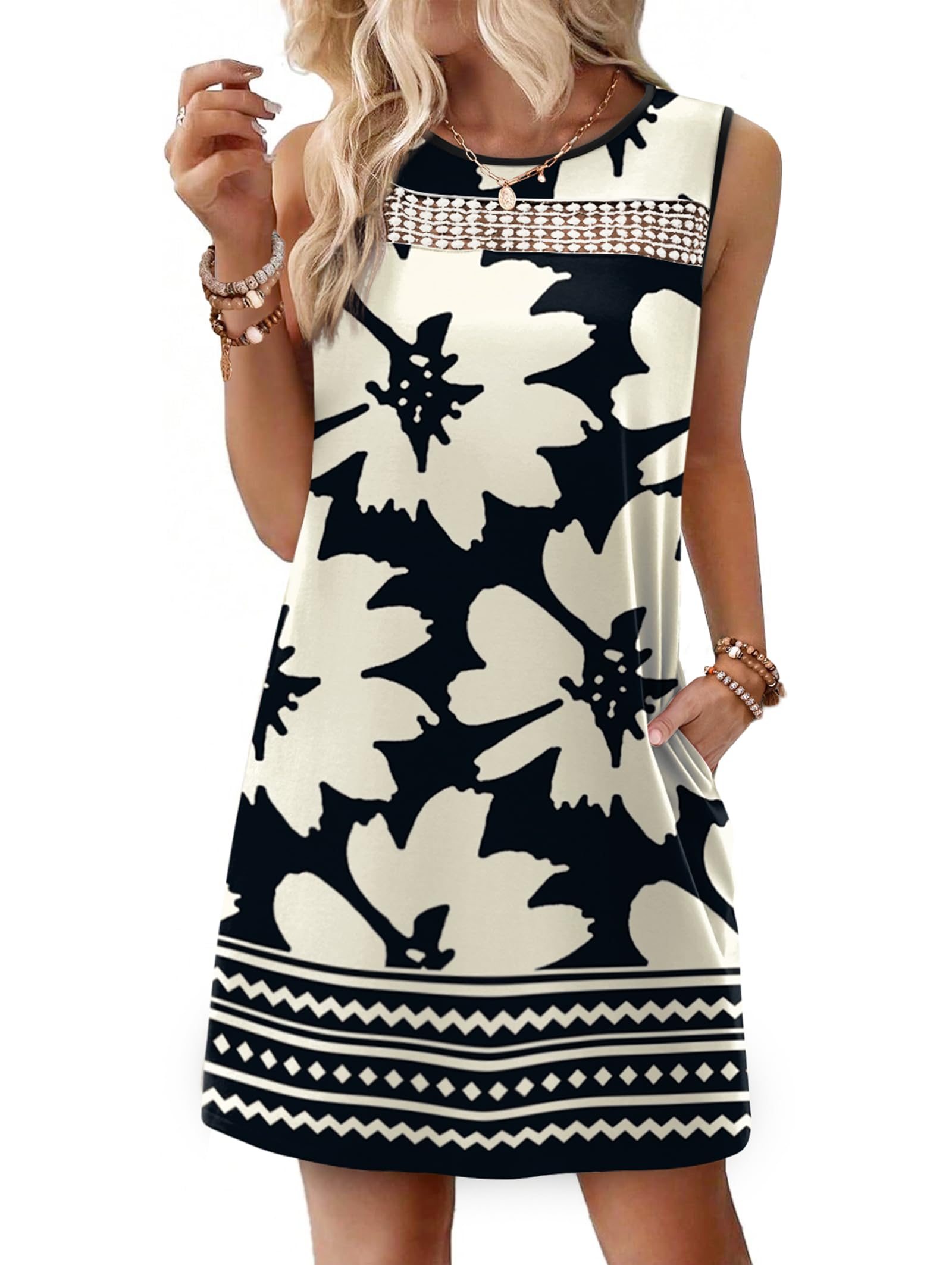 WIHOLL Floral Dress for Women 2026 Spring Clothes Loose Fit Fashion Clothing Casual Summer Dresses Vacation Outfits Sundresses with Pockets Wedding Guest Dress Elegant Black M