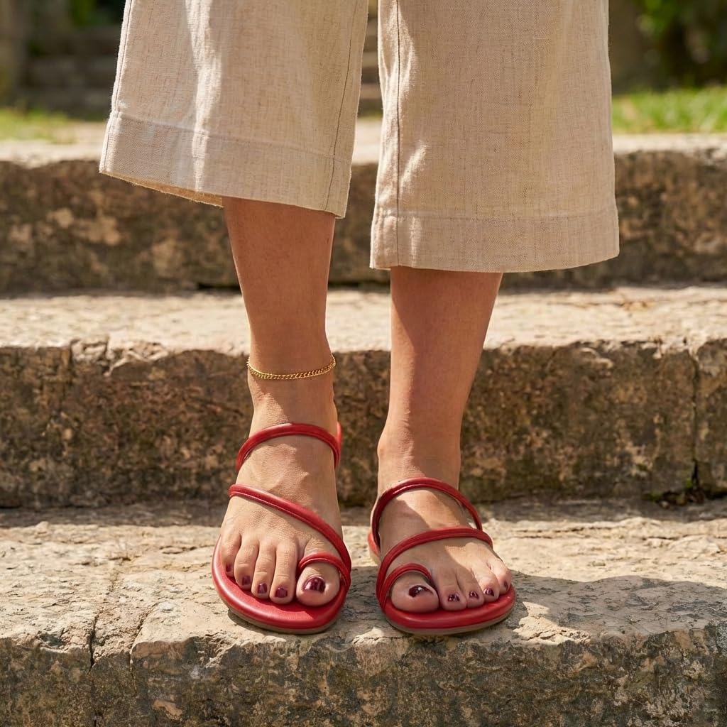 CUSHIONAIRE Resort Strappy Sandals for Women, Vegan Leather Memory Foam Flat Women's Sandals with Toe Ring, RED 11