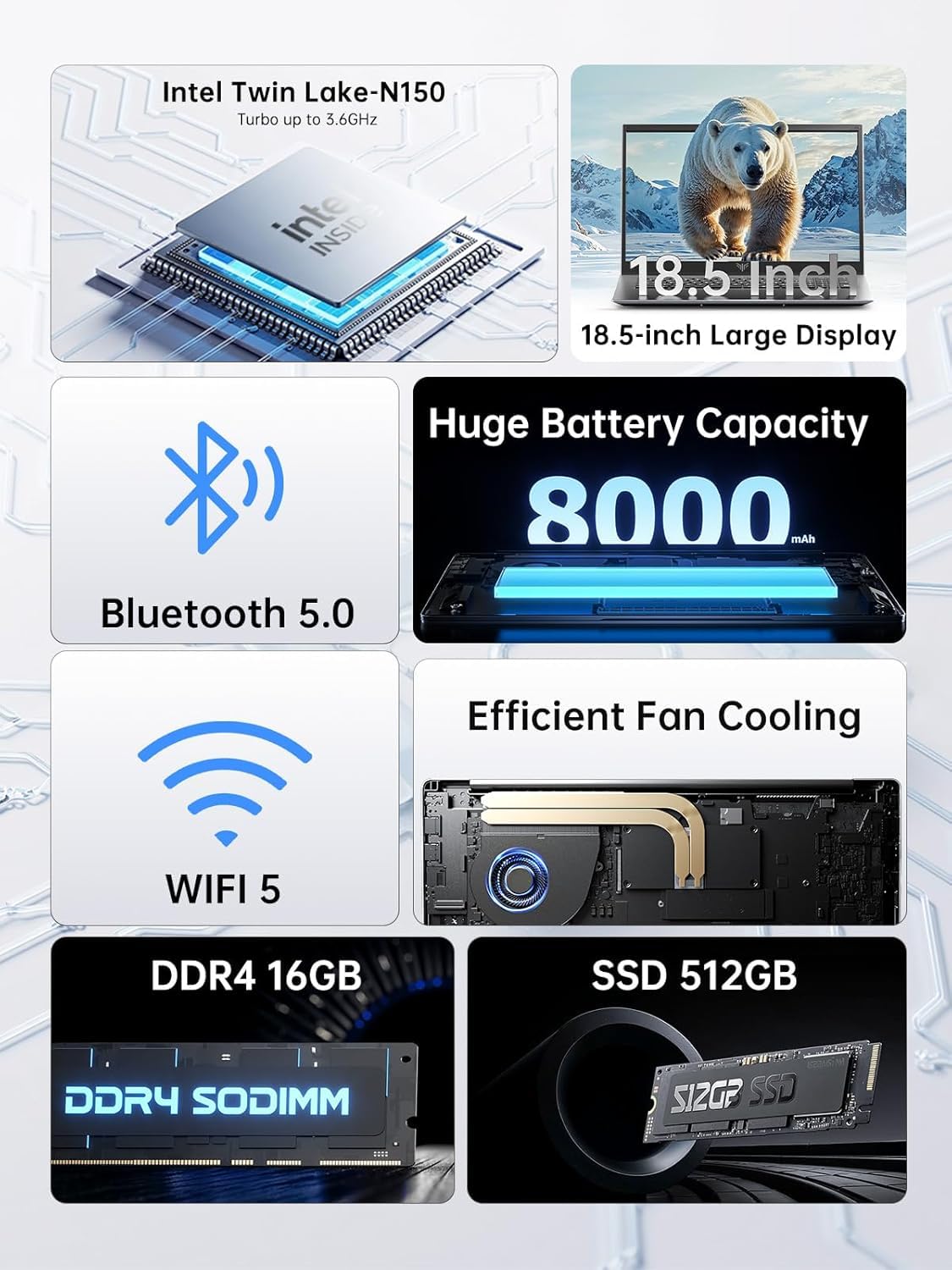 KAIGERR 18.5 inch Laptop, 2026 Laptop, 16GB RAM 512GB SATA SSD, Ιntel N150 Processor(Up to 3.6GHz), Laptop Computer, 1080 FHD Display for Business & Students, 8000Mah Battery, Wi-Fi
